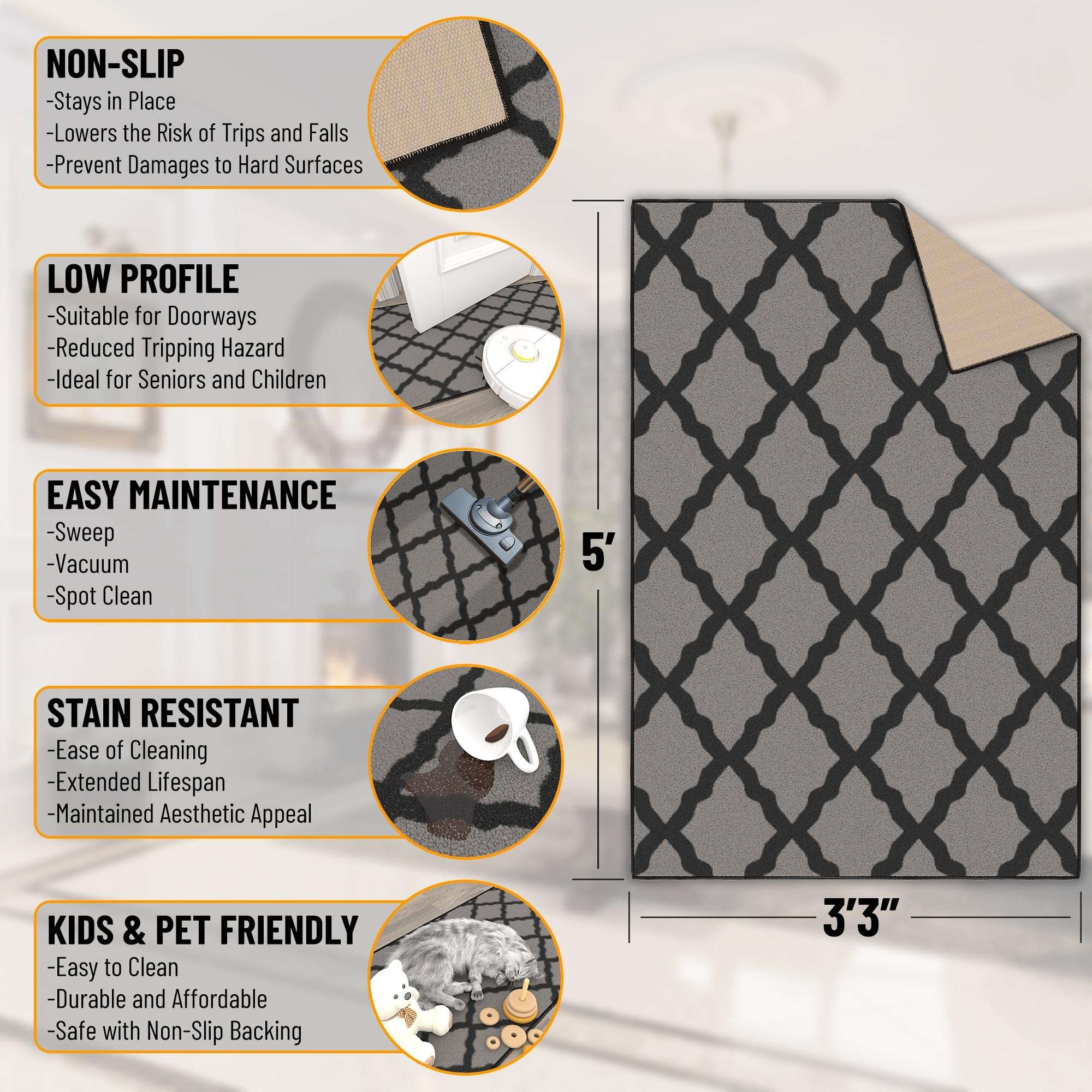 Ottomanson 3'3" x 5' Rugs for Living Room Trellis Area Rug for Bedroom - Non Slip Durable Large Floor Carpet for High Traffic Areas - Indoor Rug for Dining Room Kitchen Kids Playroom, Dark Gray 2