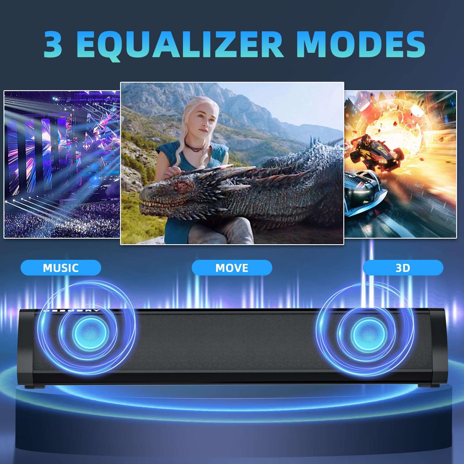 Desobry 16 inch Sound Bar for Smart TV, Small Soundbar with Surround Sound System, Bluetooth Sound Bar with HDMI/ARC/AUX/Coaxial/Optical/USB, Soundbar Speaker for Projector, TV, PC, Table Mountable 4