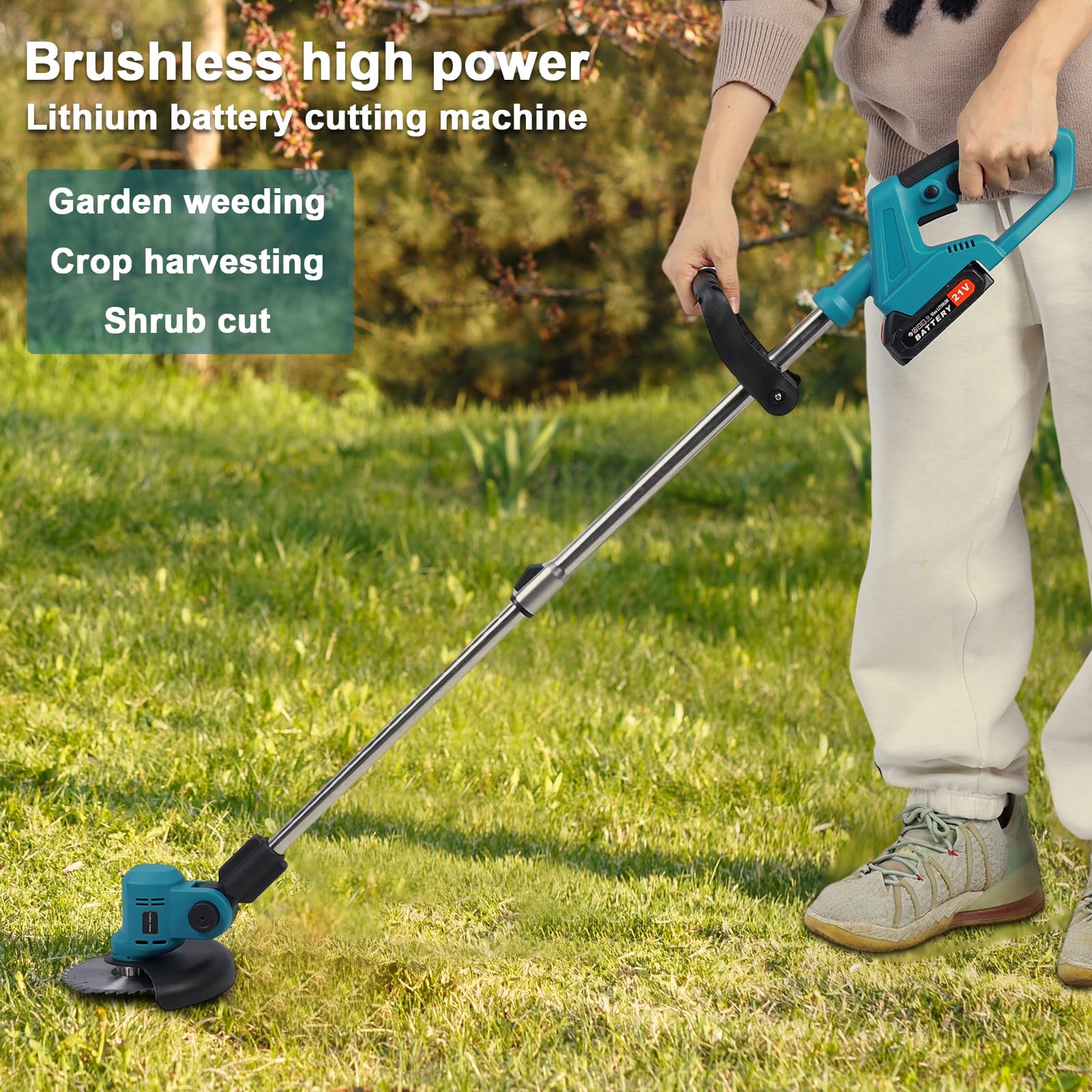 Cordless Electric Weed Eater Brush Cutter, Adjustable Telescopic Grass Trimmer with 980W Copper Motor, 2x21V Batteries & 3 Blade Types, for Courtyards & Shrubs Green 6