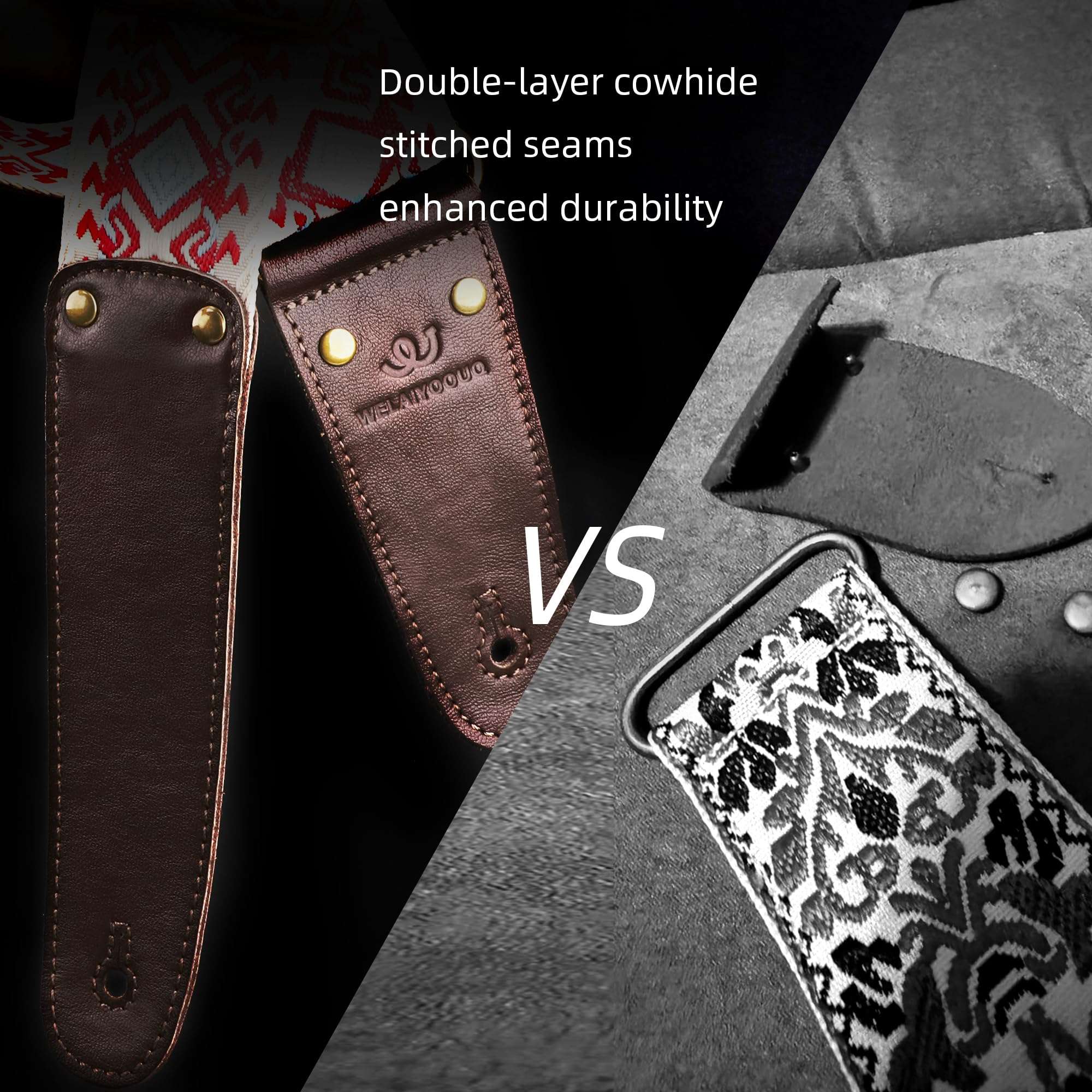 Guitar Strap, Double Cowhide Leather End, Set for Bass/Electric/ukulele/Acoustic Guitars, Vintage Jacquard Adjustable Straps, Free Headstrap and Leather Headband（Embroidered Blue Flower Gold Vine） 5