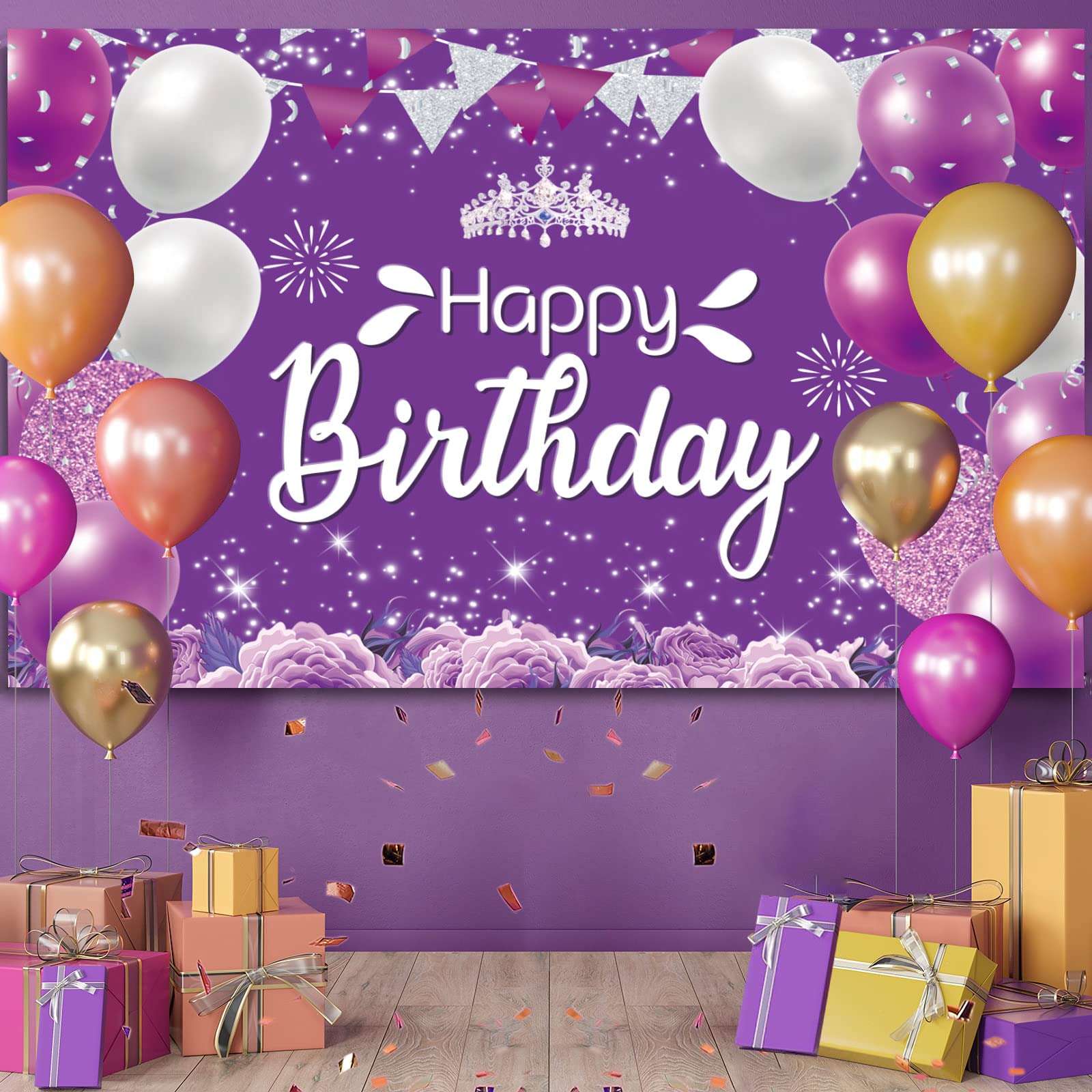 Purple Happy Birthday Backdrop Purple Silver Birthday Sign Purple Silver Birthday Party Banner Decor Purple Silver Birthday Backdrop for Women Girl Birthday Party Celebration (7x5ft) 6