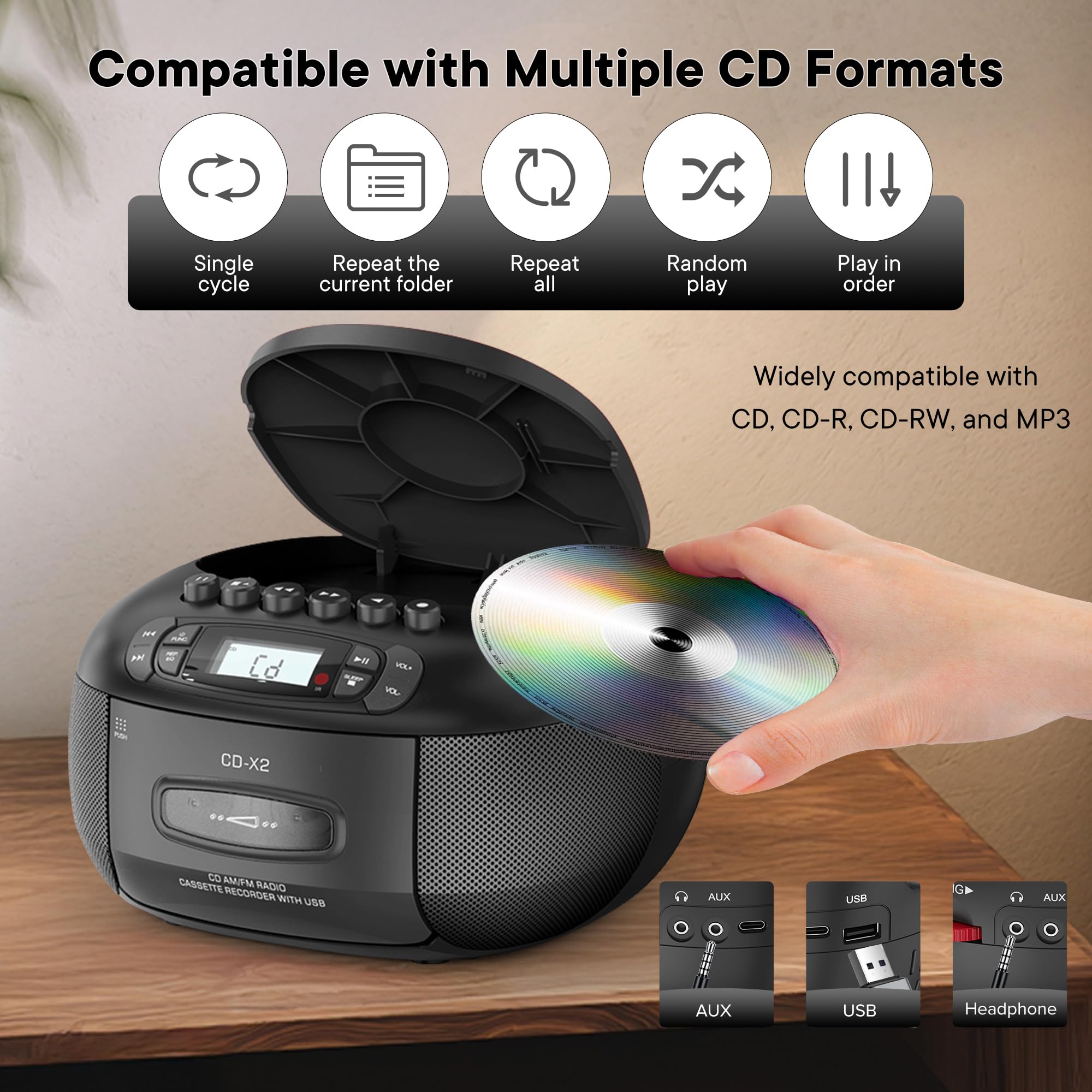 Kuephom CD Player Boombox with Cassette Player: Portable CD Boom Box with Bluetooth,FM/AM,Tape Recorder and Remote - USB/MP3/AUX Player with Sleep Timer- AC/Battery Powered for Home/Outdoor/Gift 5