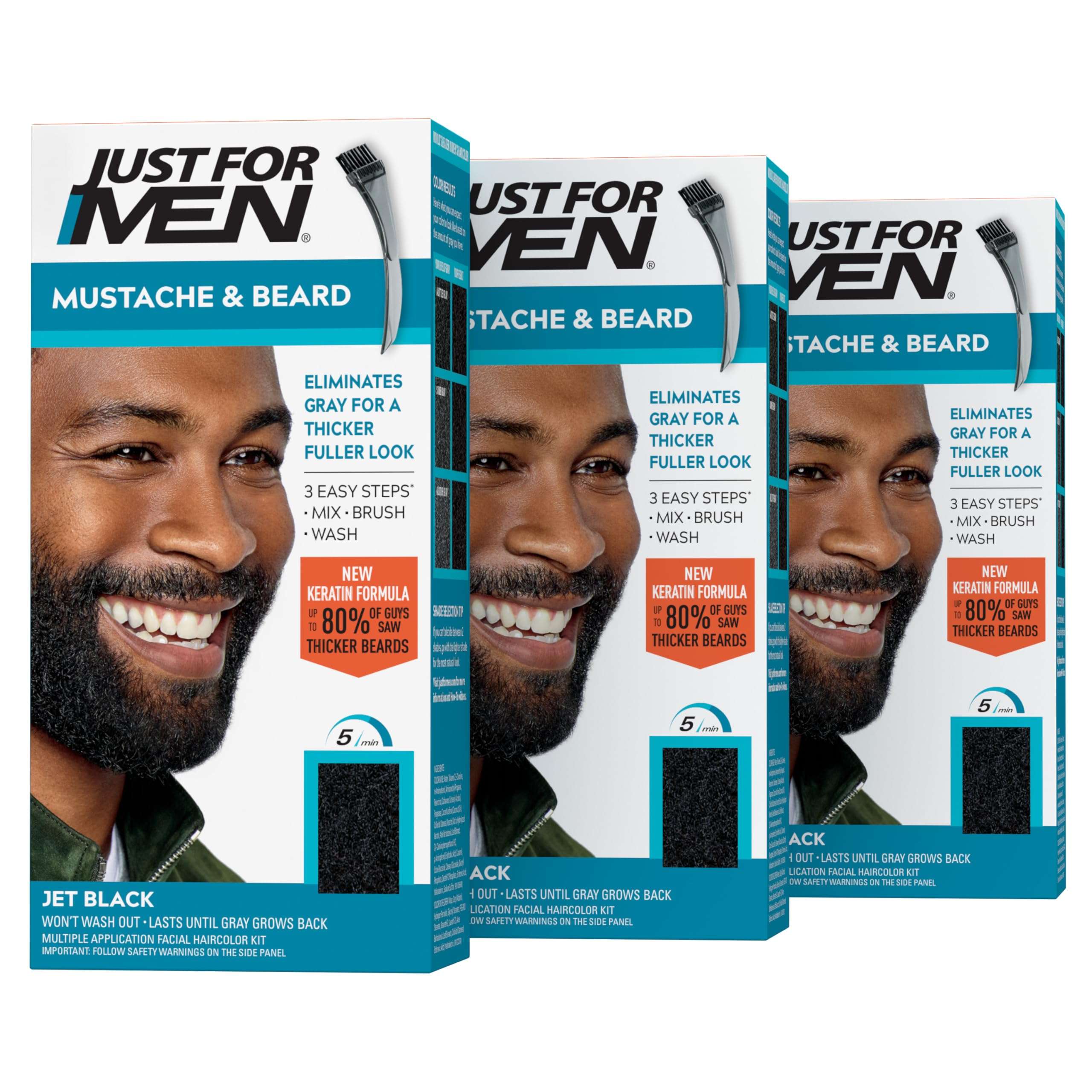 Just For Men Mustache & Beard, Beard Coloring for Gray Hair with Brush, With Keratin Biotin Aloe and Coconut Oil for Healthy Facial Hair - Jet Black, M-60, Pack of 3 (Packaging May Vary) 1