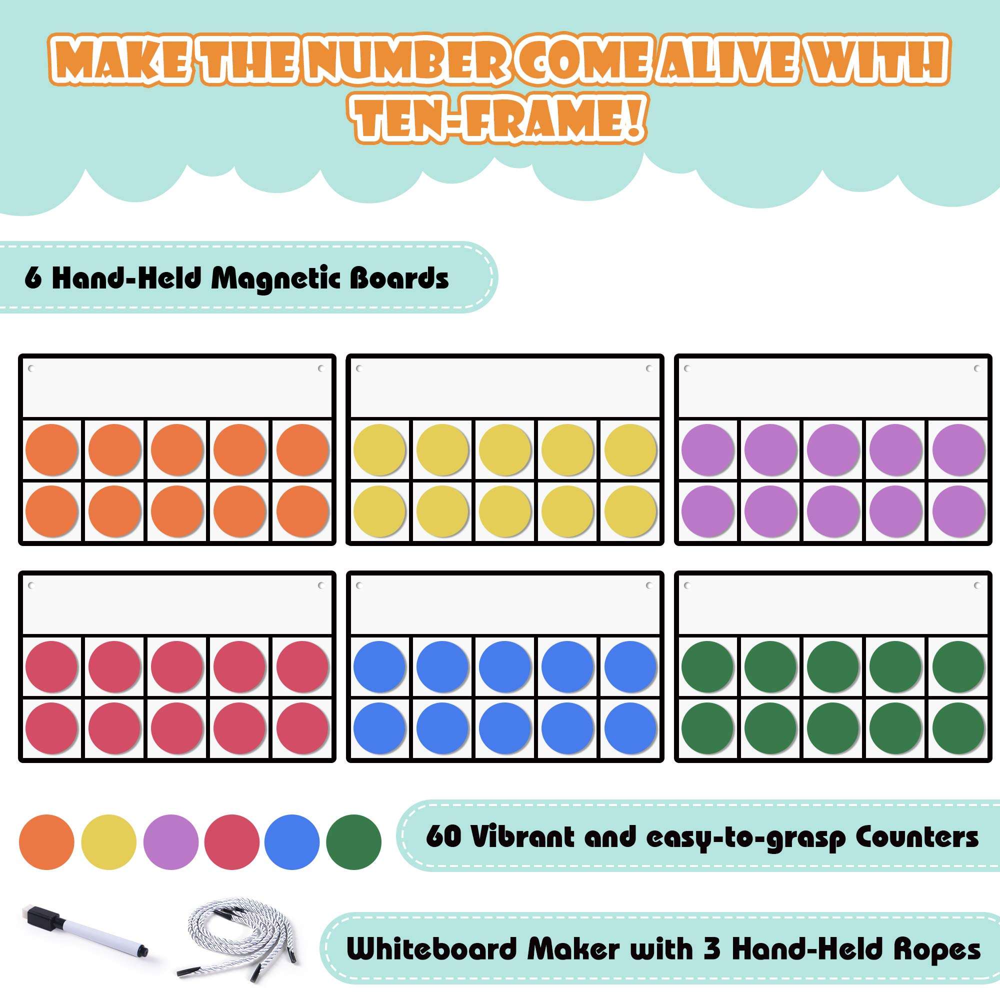Magnetic Ten-Frame Set, 6 Ten Frames and 60 Colorful Magnetic Math Counters for Kids, Math Manipulatives for Elementary Kindergarten & Classroom, Math Games Educational Home Learning Toys 2
