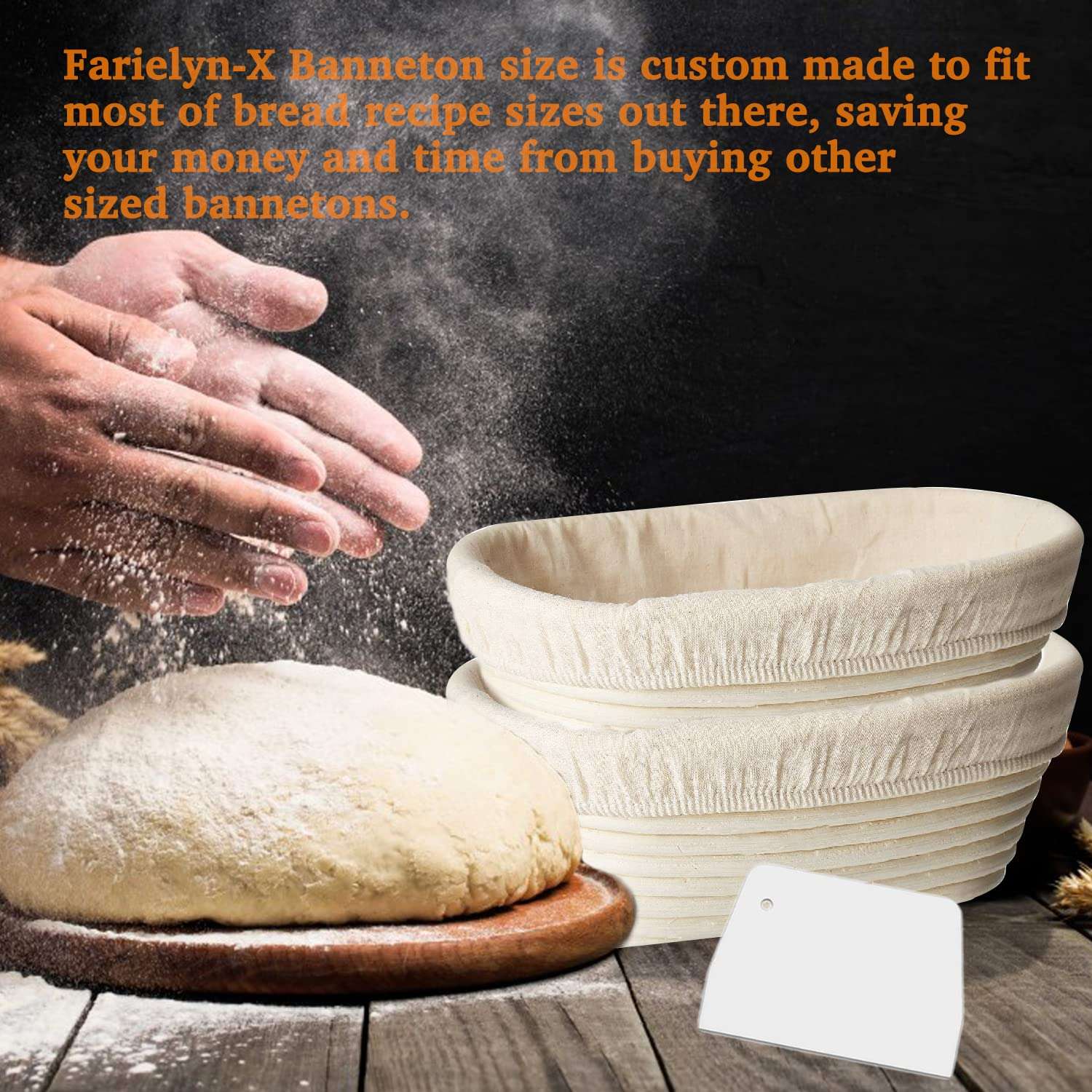 Farielyn-X 2 Packs 10 Inch Oval Shaped Bread Banneton Proofing Basket - Baking Dough Bowl Gifts for Bakers Proving Baskets for Sourdough Lame Bread Slashing Scraper Tool Starter Jar Proofing Box 4
