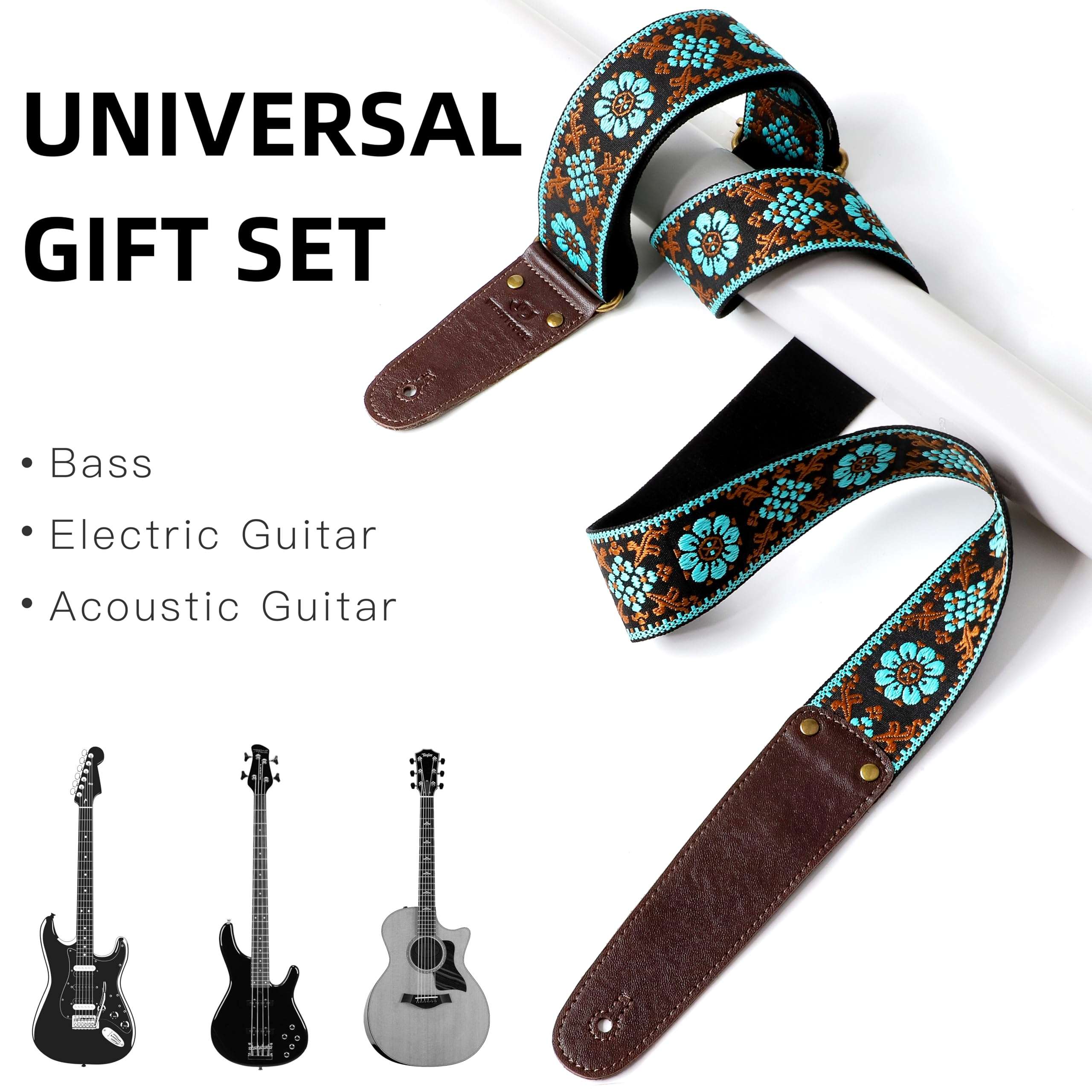 Guitar Strap, Double Cowhide Leather End, Set for Bass/Electric/ukulele/Acoustic Guitars, Vintage Jacquard Adjustable Straps, Free Headstrap and Leather Headband（Embroidered Blue Flower Gold Vine） 3