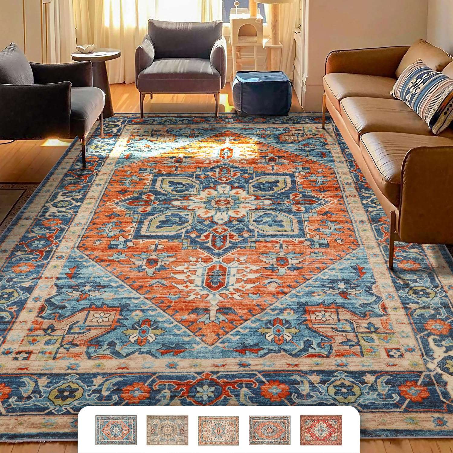 OdentBlca Washable Rug，4x6 Boho Tribal Ultra-Thin Area Rug, Soft Non Slip Non-Shedding Carpet for Dining Room Bedroom Living Room Decor 1