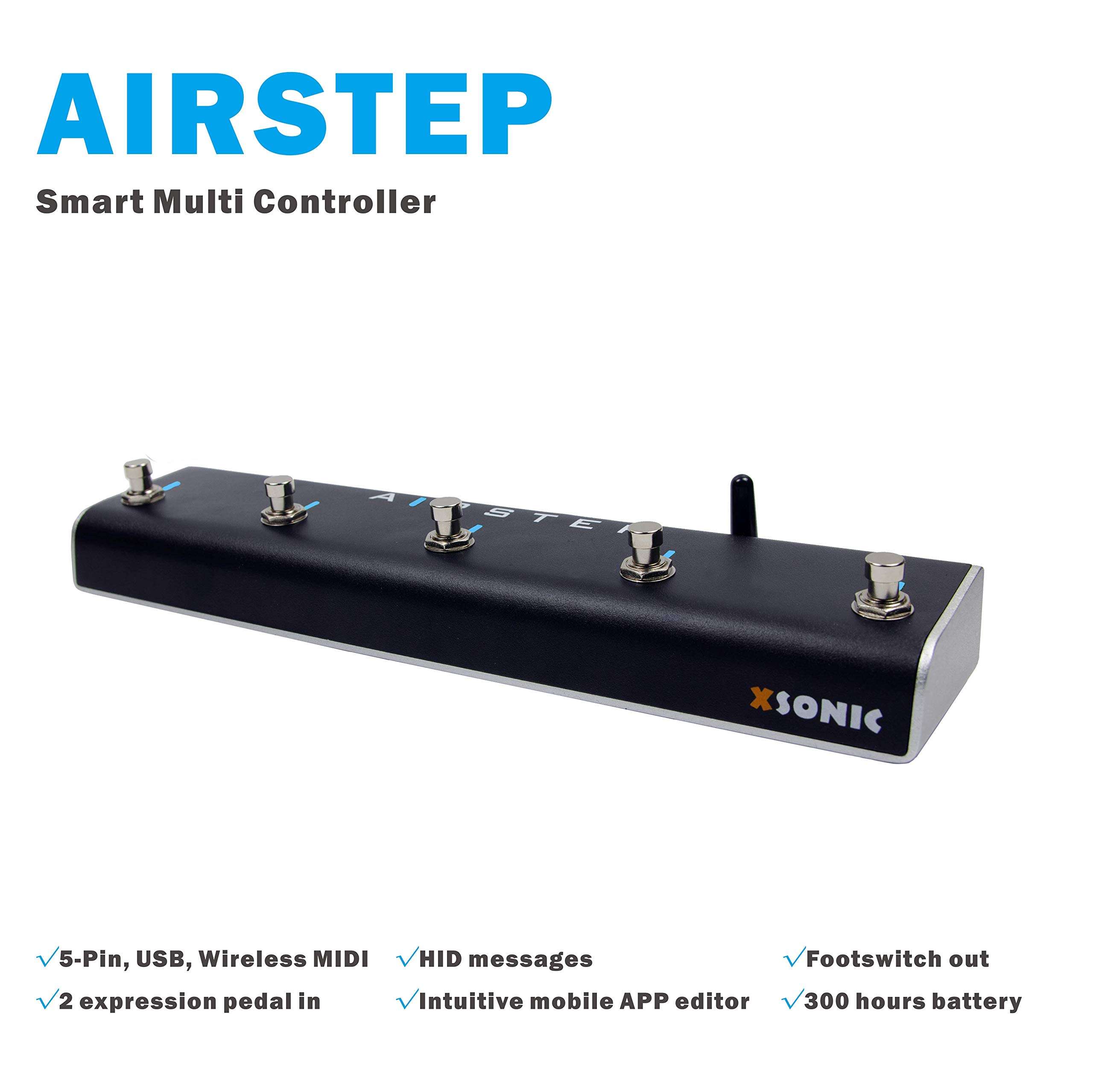 XSONIC Airstep Smart Multi Controller with MIDI, HID, 5 Footswitch, 2 Expression Pedal In, 300H Playtime, Support HX Stomp, Quad Cortex, DAW, Plugin, Youtube Video, Page, Atem, Hands Free Controller 3