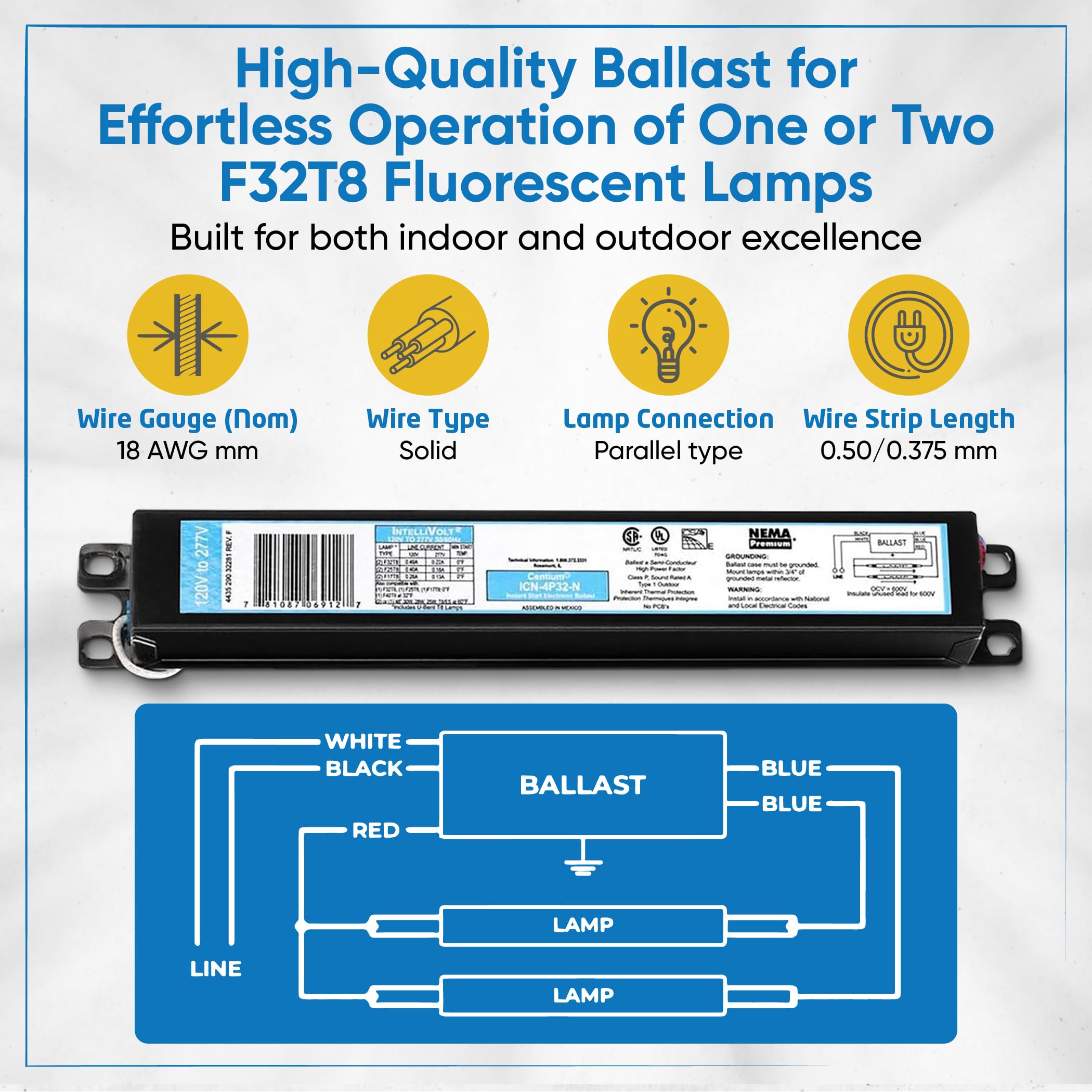 ICN4P32N, 120-277V, 50-60Hz Input Frequency, Solid Wire Type, Instant Start Centium Electronic Fluorescent Ballast for 4 F32T8 Lamp Type, Indoor/Outdoor Use with Automatic Restart Ballast Box, 10 Pack 4