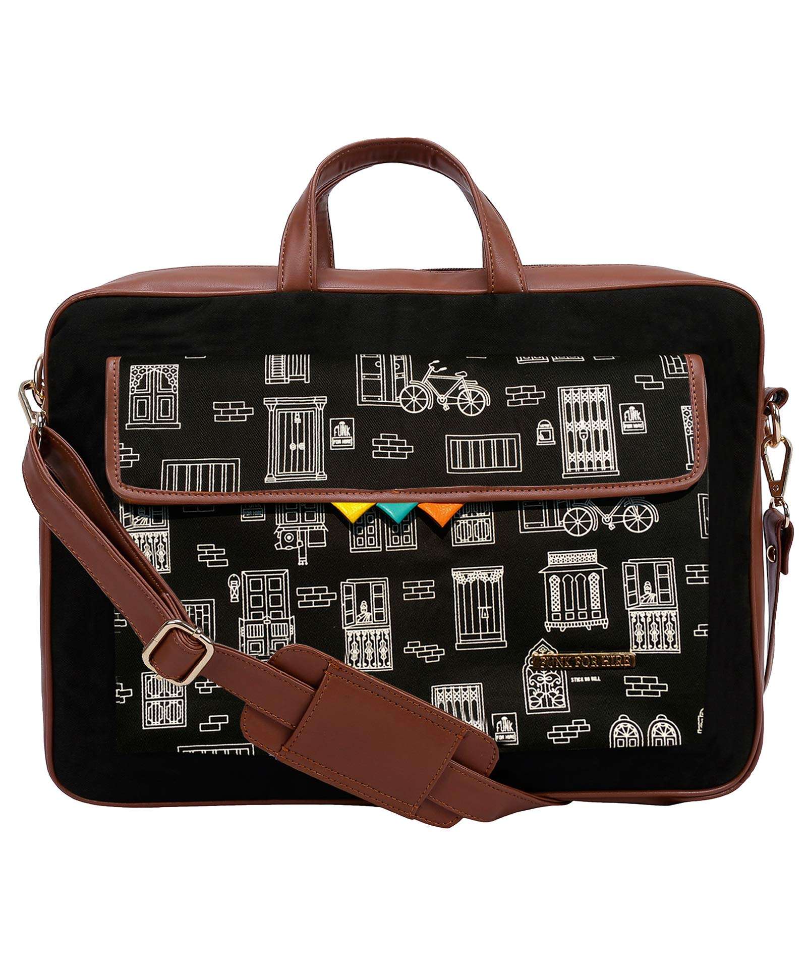Funk For Hire Printed One Pocket Cotton Canvas Unisex 17 inch Laptop Bag Black 1