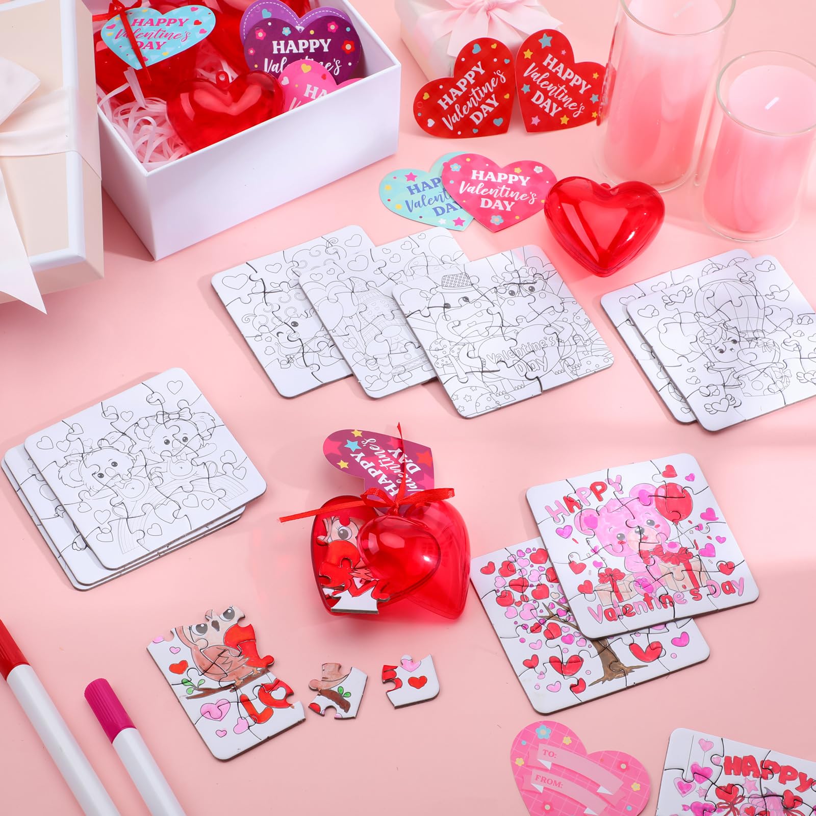 Realspring 24 Set Valentine Puzzles Gifts for Kids Include 24 DIY Color Your Own Valentine‘S Day Jigsaw Puzzles 24 Red Heart Eggs Card for Classroom Reward Exchange Gift Jigsaw Toys Birthday 4