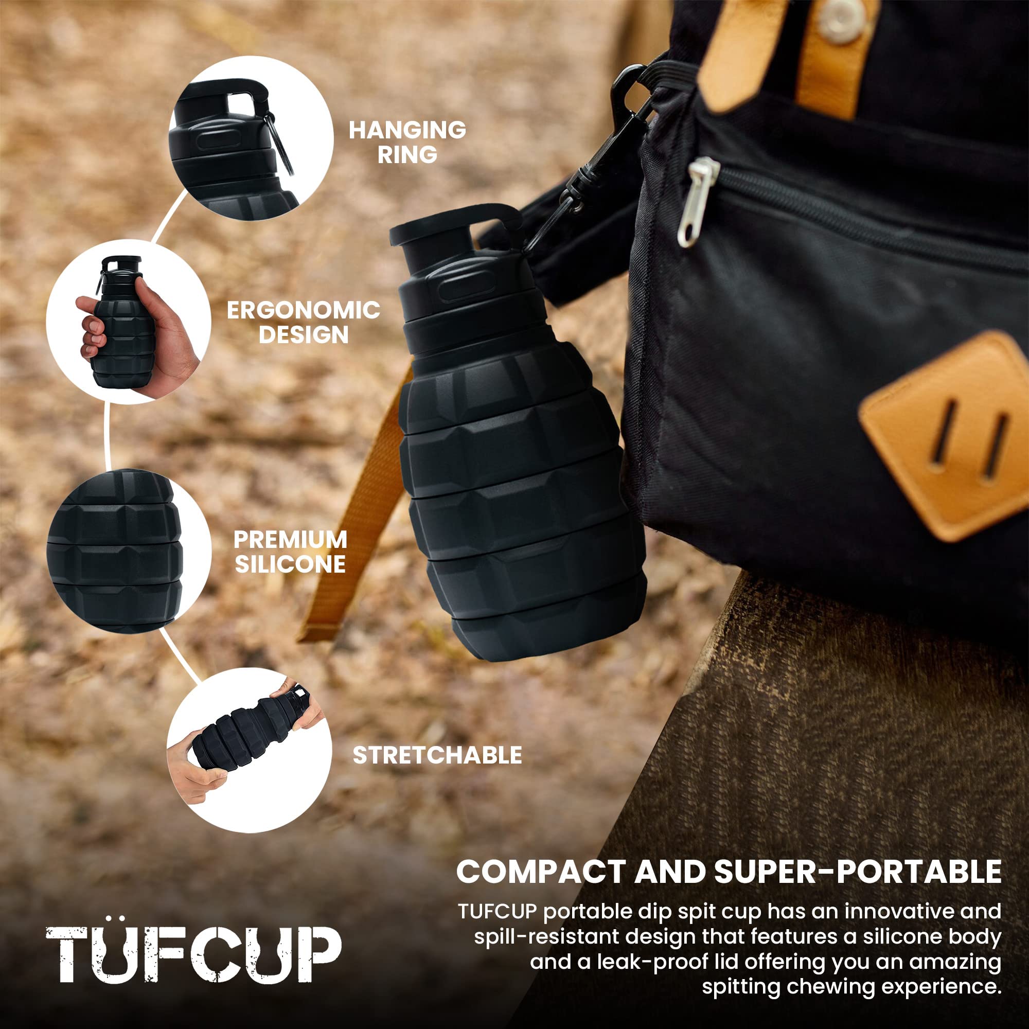TUFCUP Spit Cup Spittoon for Chewing, Portable Reusable Spit Dipping Cup with Lid, Collapsible Spill Resistant Leak Proof Silicone Body Travel Spitter (Black) 4