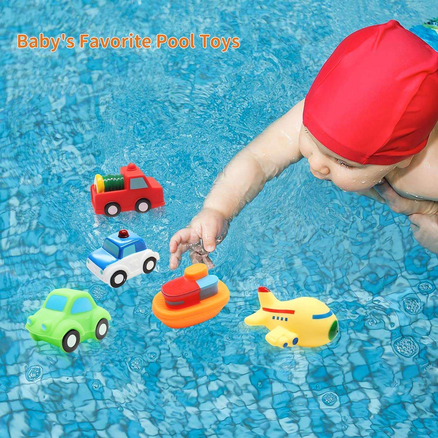 Toddler Bath Toys Bathtub Toy - Kids Floating Water Spray Toy Fun Bathtime with Boat, Plice Car,Fire Truck and Plane Plastic Toy for Baby Boys and Girls 6