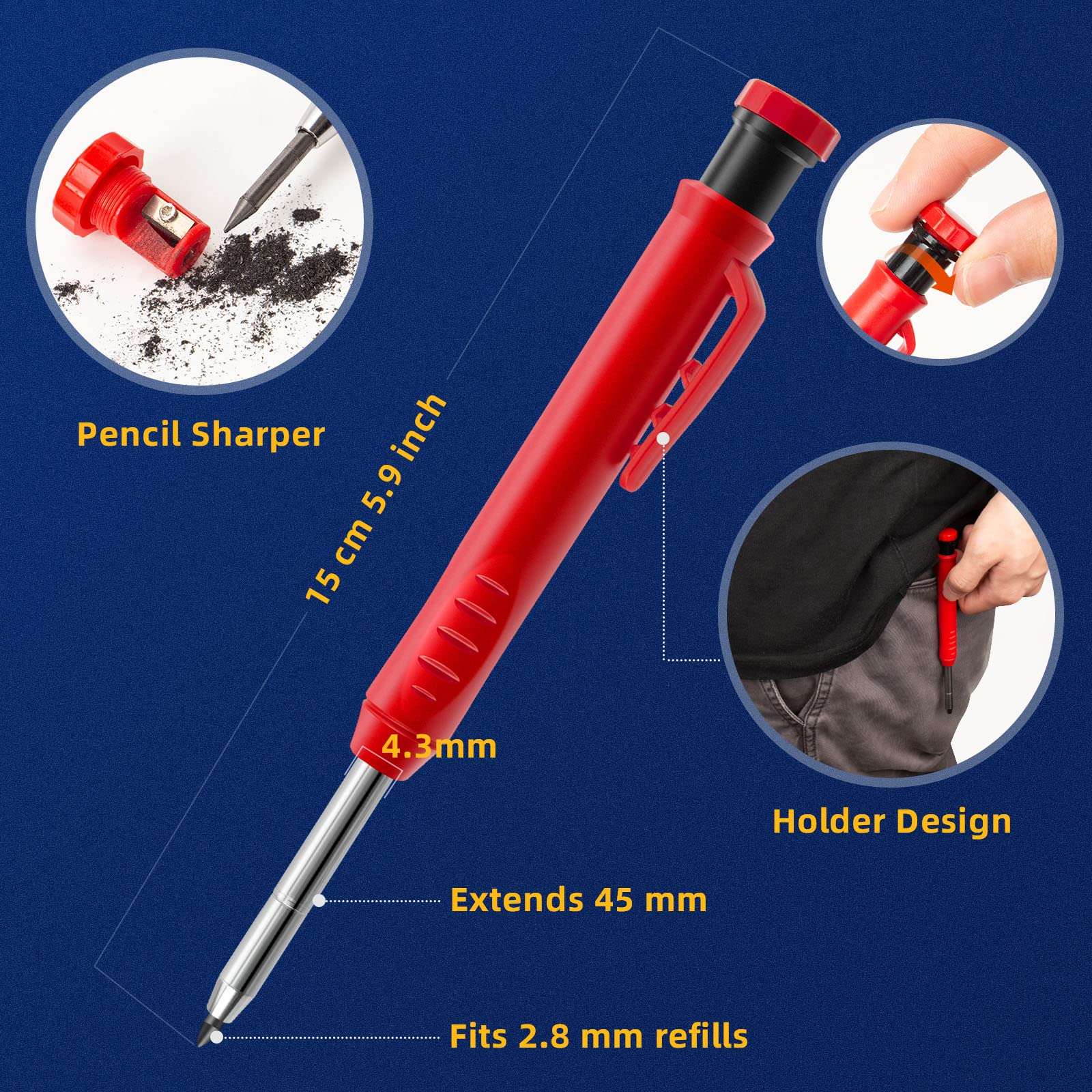 Mechanical Carpenter Pencil Set with 40 Refills and 2 Erasers, 4 PCS Deep Hole Woodworking Pencils Marker Marking Tool with Built-in Sharpener for Carpenter Woodworking Architect Construction 4