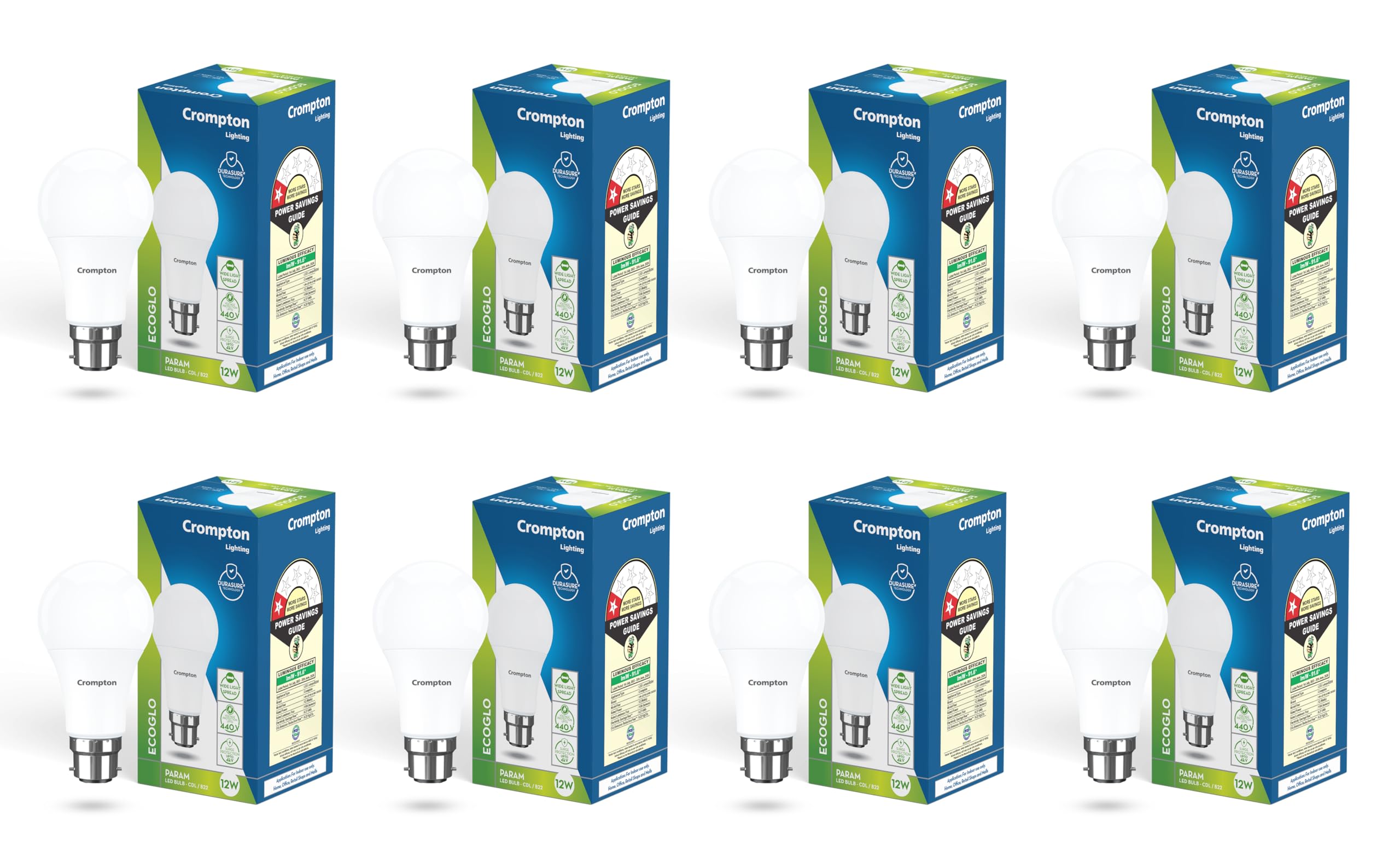 Crompton Param LED Bulb | 12W | Cool Day Light | B22 Base | 180 Degree Coverage | 4kV Surge Protection | 440V High Voltage Protection | Pack of 8