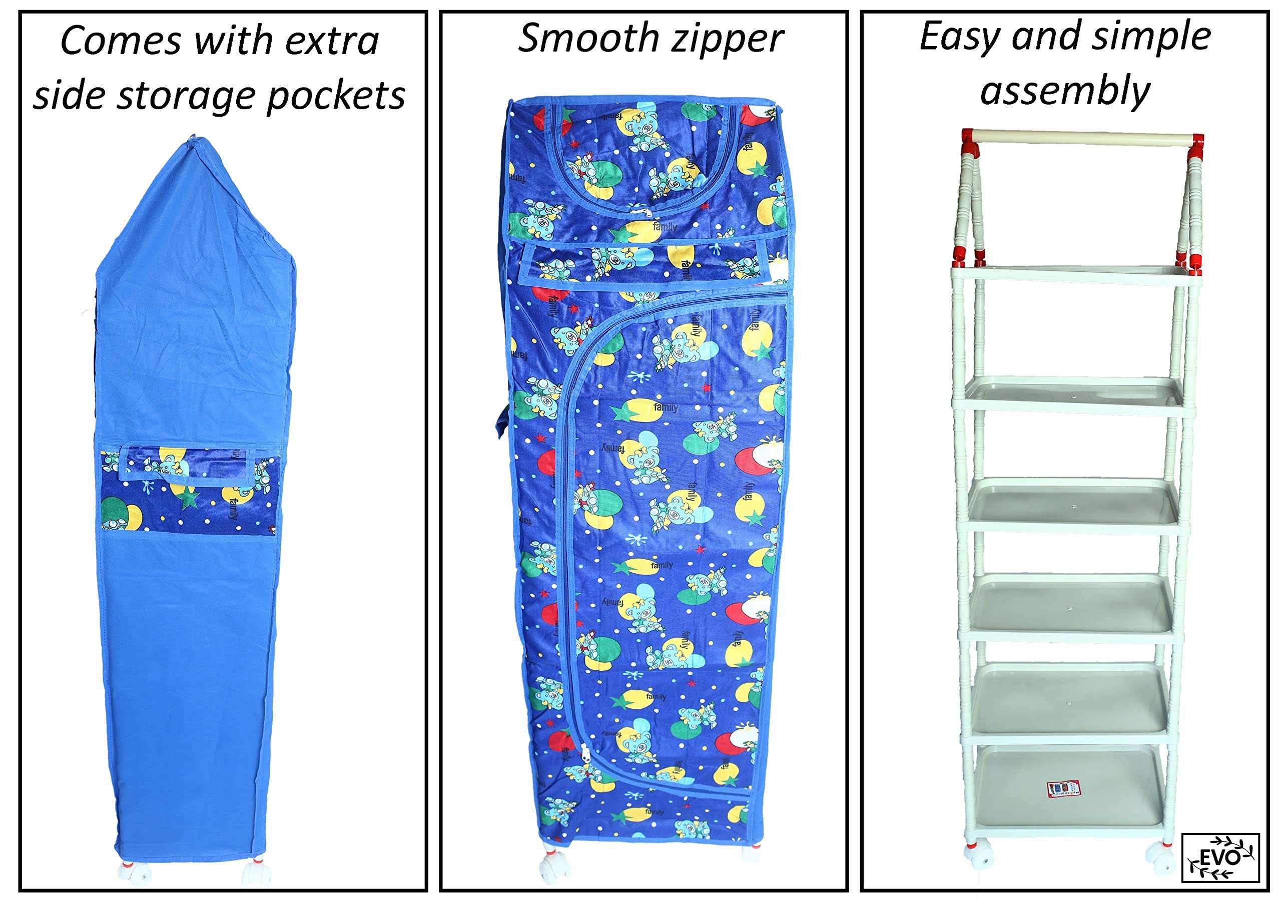 Evoshine® Colorful Design Cotton 5 Cabinet Hanging Baby Almirah, Kids Wardrobe, Cloth Organizer, Folding Almirah, Toy Box (Blue) 4