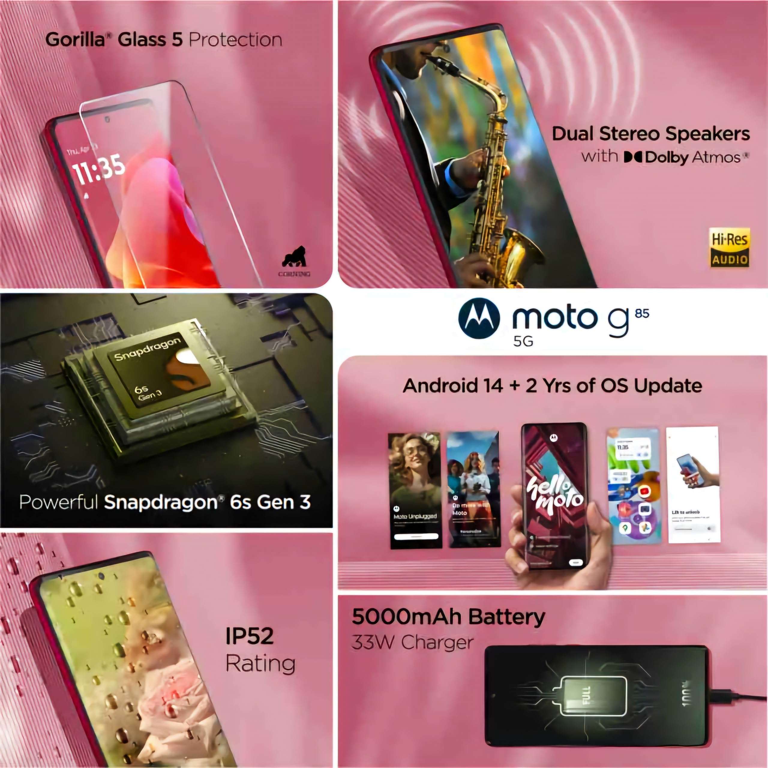 Motorola G85 5G (Viva Magenta, 8GB RAM, 128GB Storage) | 6.67" 3D Curved pOLED 120 Hz Display | Brilliant Shake Free 50 MP OIS Sony - LYTIA 600 Camera | 6s Gen 3 Processor | 33 W TurboPower Charging 3
