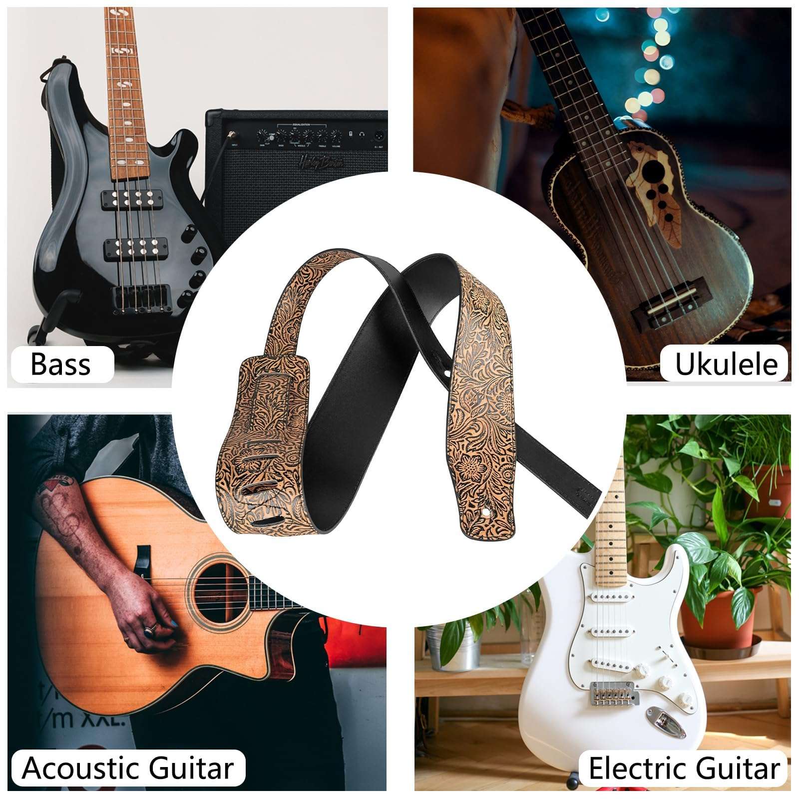 Musiin Premium Guitar Strap Classic Style Pattern Guitar Strap Set for Bass, Electric & Acoustic Guitar (Gold Leather) 5