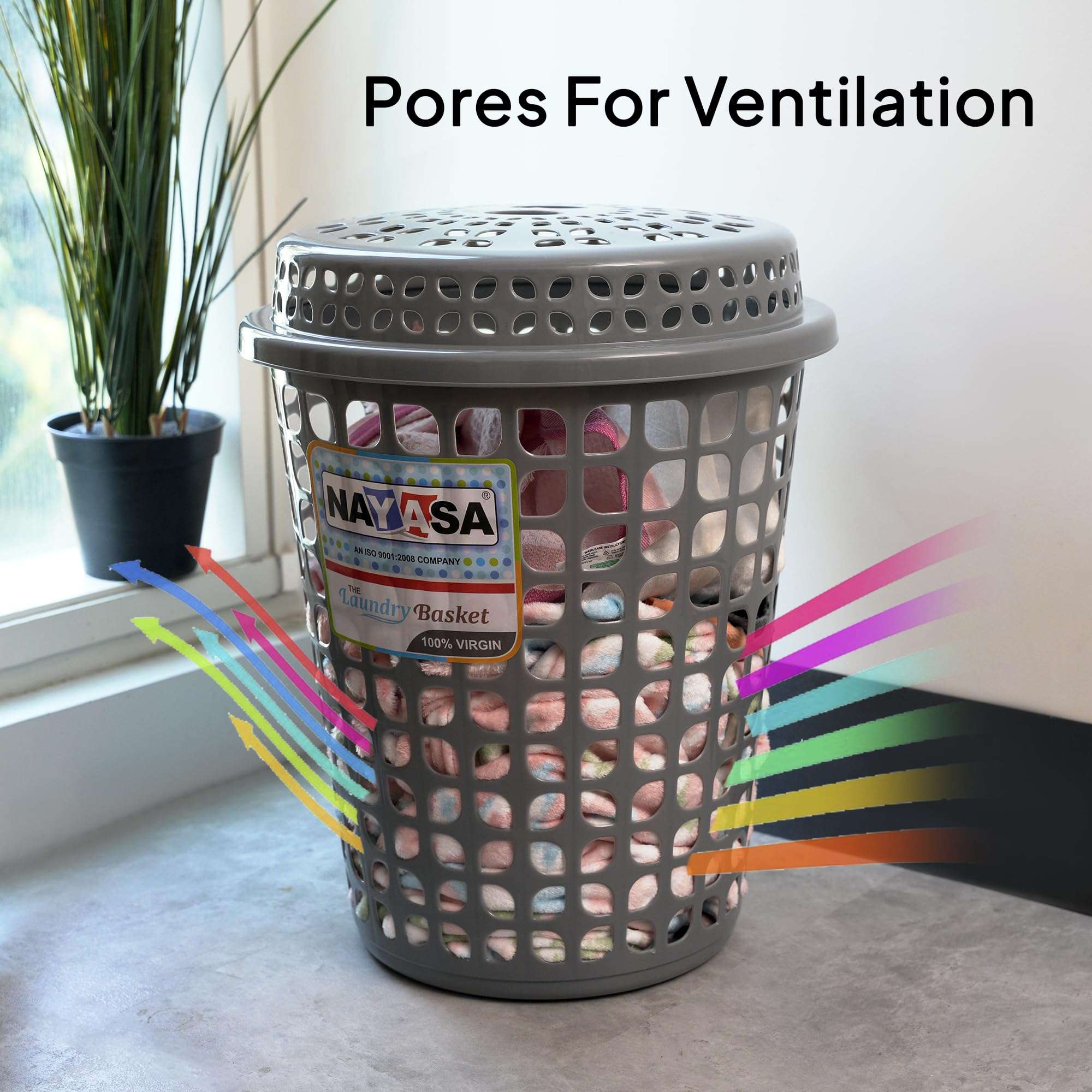 Nayasa Round Petal Laundry Basket with Lid | 44 Ltrs | Plastic Basket for Clothes, Toys & Household Utility | Stylish & Durable Organizer for Bedroom, Bathroom & Living Room | Grey 3