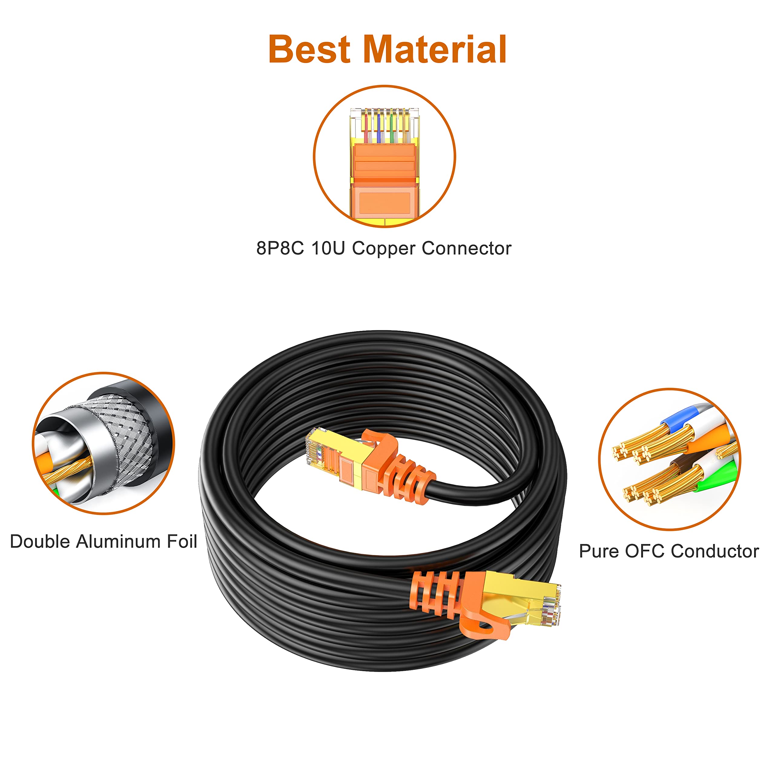 NC XQIN 50 ft Cat 7 Ethernet Cable, Outdoor and Indoor LAN Cord for Direct Burial, 10Gbps High Speed Network Wire Compatible with Router, Gaming Console, PoE Camera 6