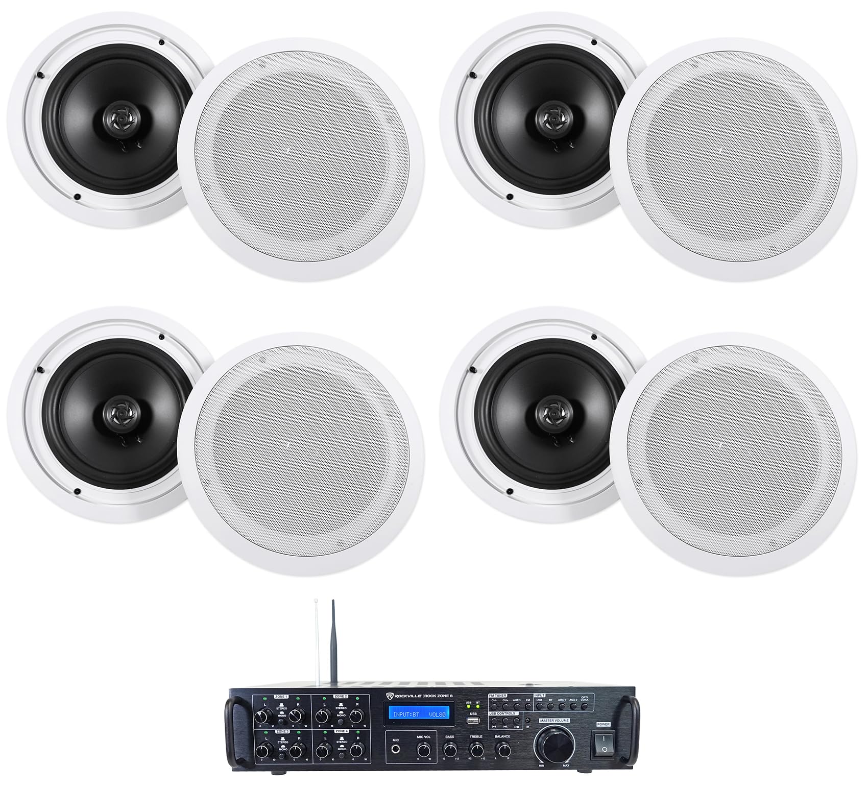 Rockville Bundle Rock Zone 8 8-Channel 1000W RMS Multi Room Receiver/Amplifier Bundle with (8) HC55 White 5.25" 300 Watt in-Ceiling Home Theater Speakers 8 Ohm (9 Items)