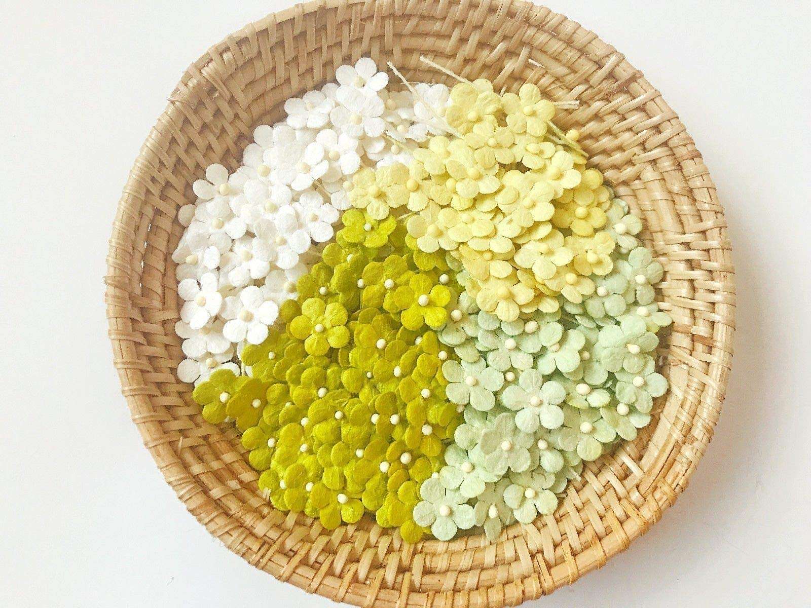 TH 50 Tiny Mixed Green1 Flowers Embellishment with Thread stem 10 mm Mulberry Paper Flowers Tiny Size Craft Supplies Scrap Booking Embellishments for so Many Card Craft Projects 3