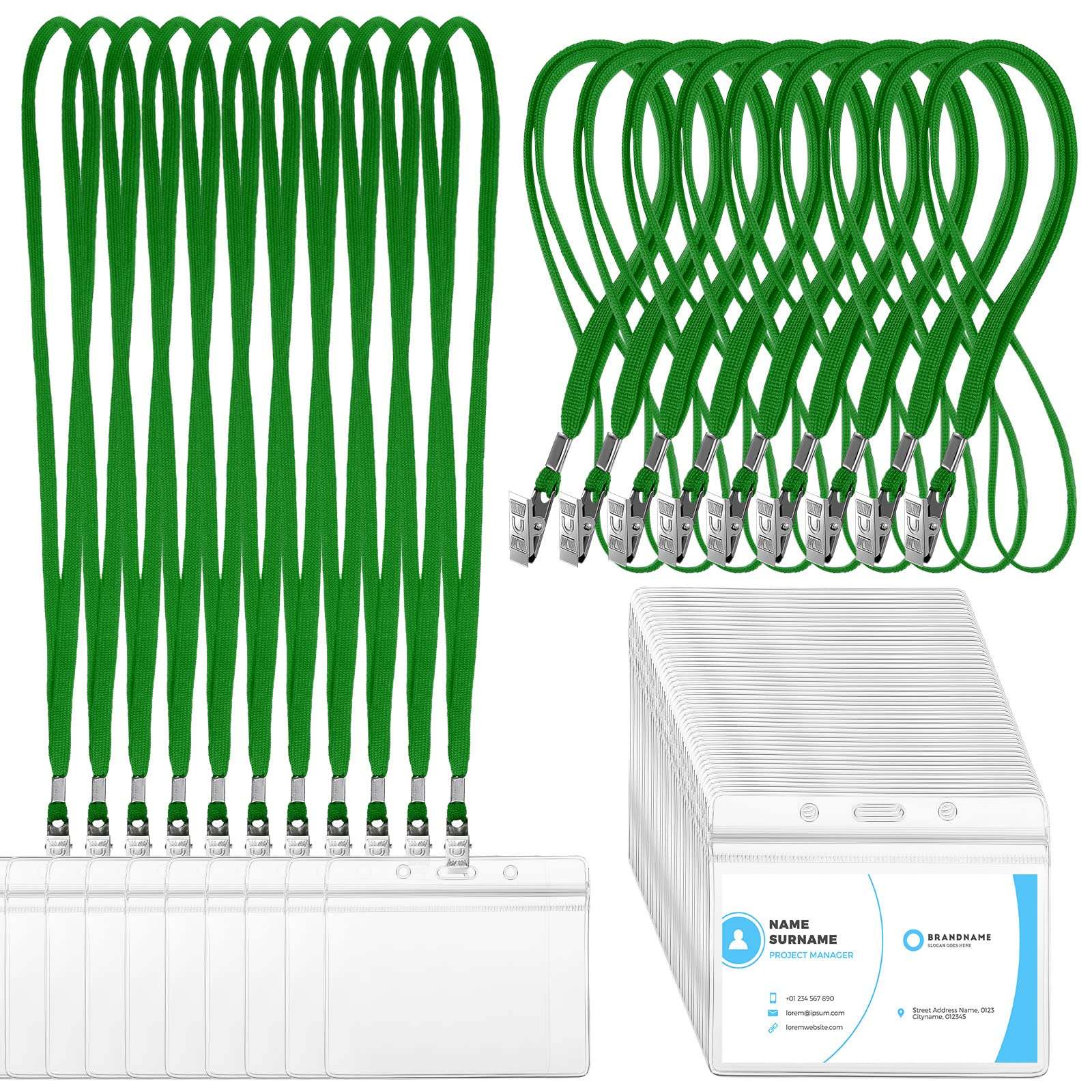 100 Sets Clear Name Tags with Lanyard, Lanyards for Id Badges Reusable Lanyard with ID Holder Plastic Name Badges with Lanyards for Adults Kids Business School Church Conferences (Dark Green) 1