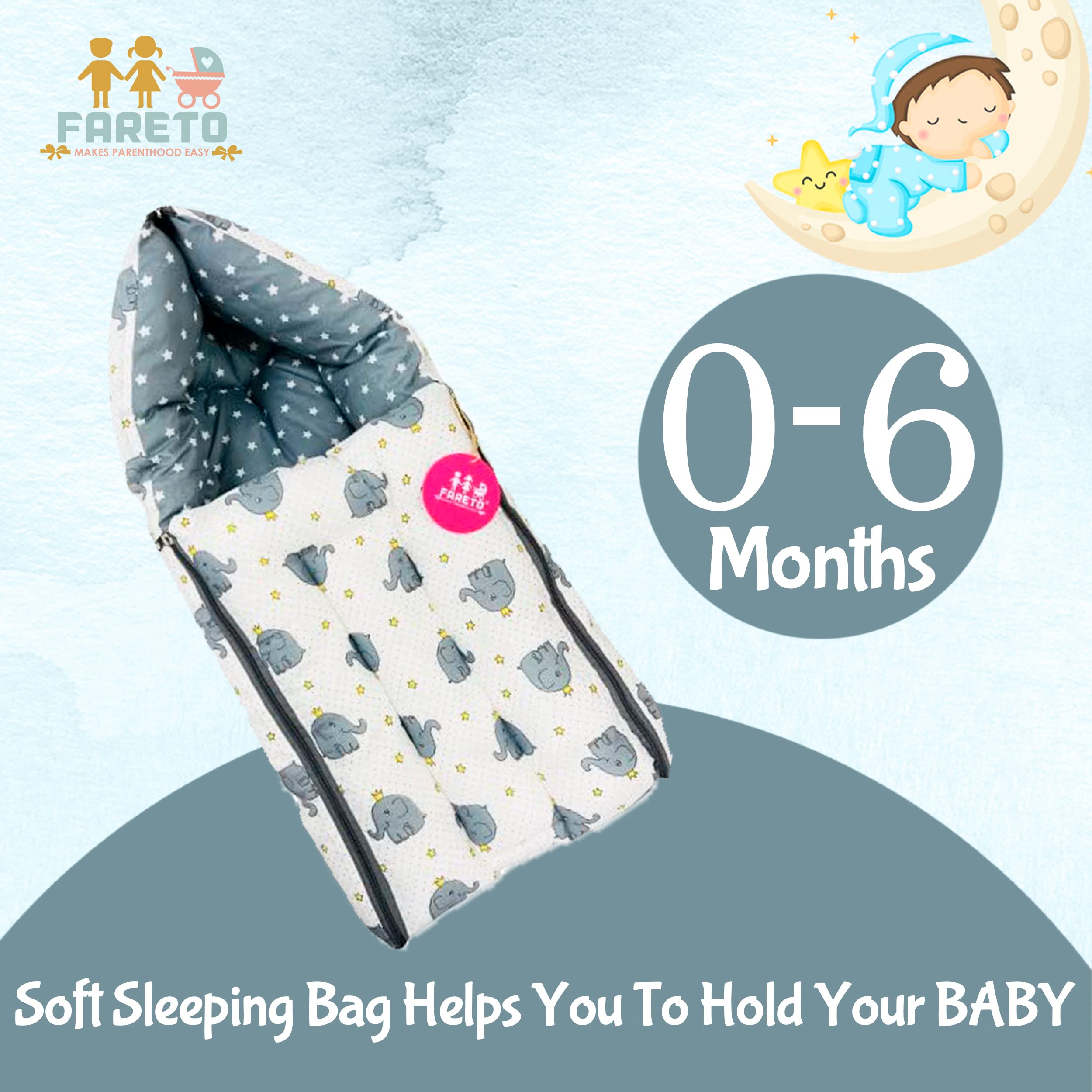 Fareto 3 in 1 Baby Bed, Sleeping Bag & Carry Nest, Cotton Baby Bedding for New Born (0-6 Months) (Gray Elephant) (Lightweight), Pack of 1 5