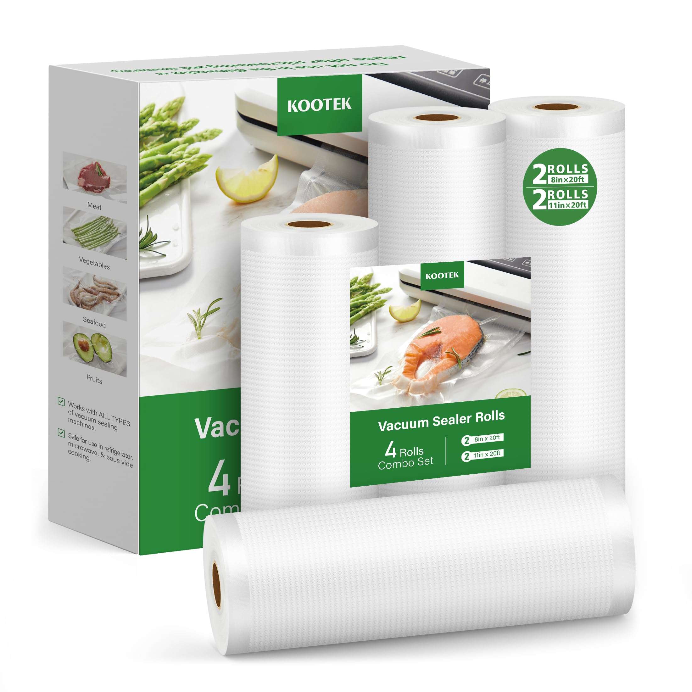 Kootek Vacuum Sealer Bags for Food, 4 Rolls for Custom Fit Food Storage, Meal Prep or Sous Vide, 8" x 20' (2 Rolls) and 11"x 20' (2 Rolls) Commercial Grade Vacuum Seal Freezer Bags Rolls 1