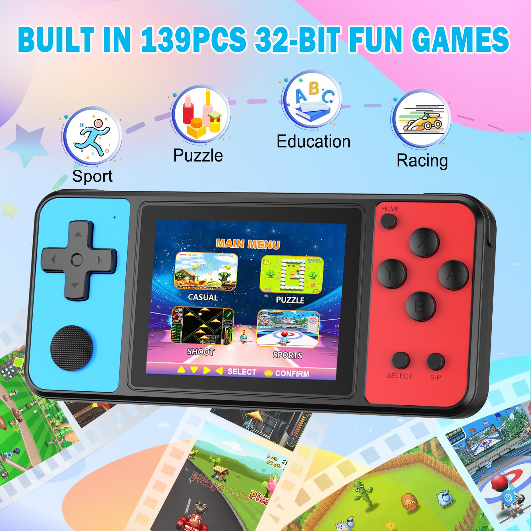 Beico 32 Bit Kids Handheld Games Preloaded 139 Video Games,Portable Electronic Toys with 3.0" IPS Screen Rechargeable Battery,Gaming System Birthday Gifts for Boys Girls Ages 4-12 (Blue-Red) 3