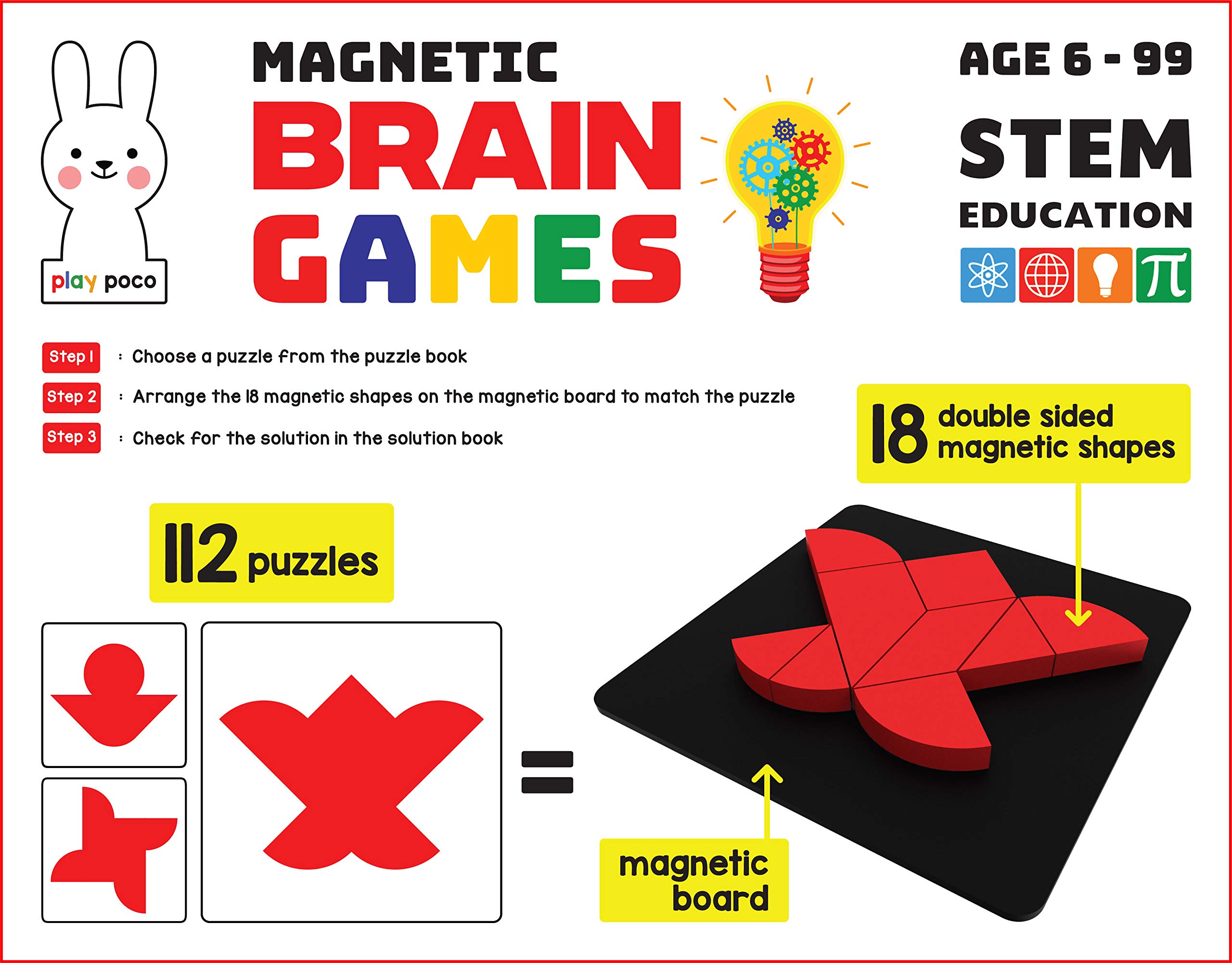Magnetic Brain Games - with 18 double sided magnetic shapes, Magnetic board, 112 puzzle book, 112 solution book 2