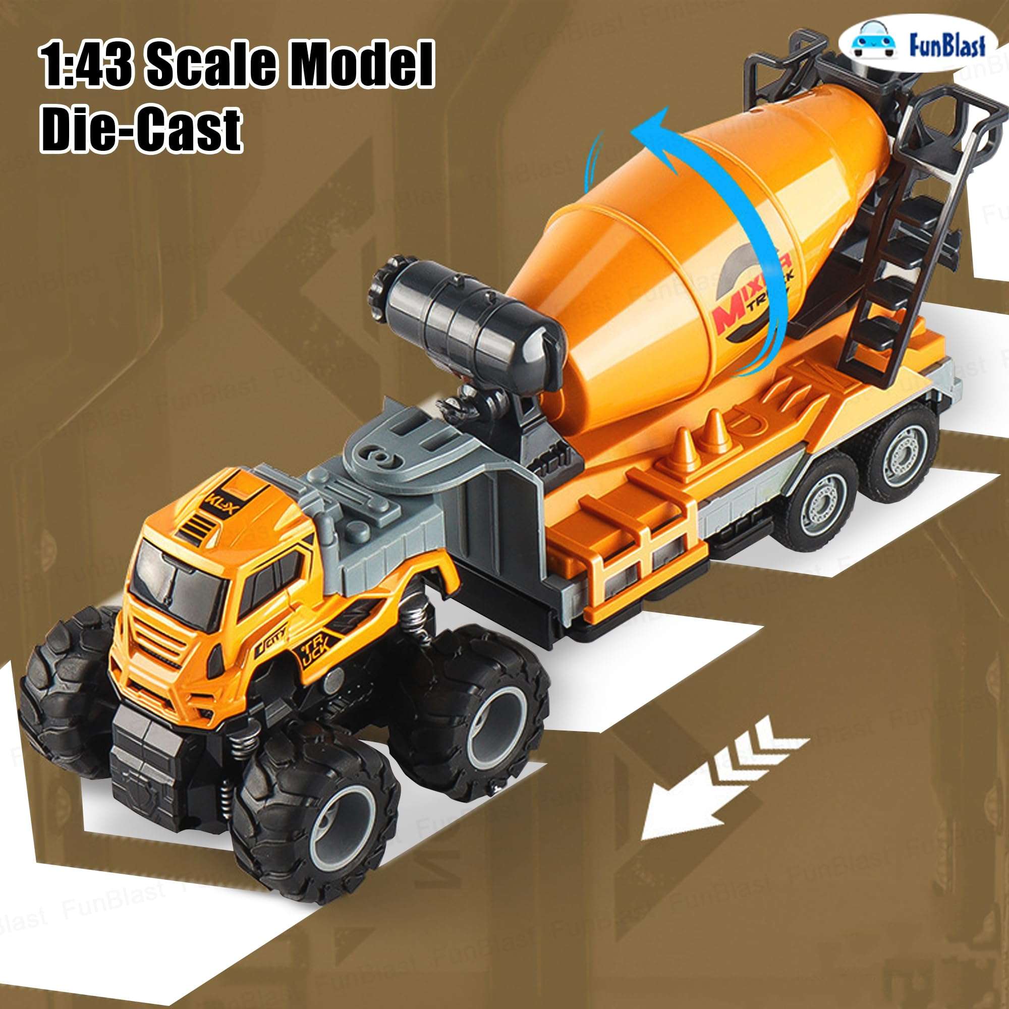 FunBlast Cement Mixer Truck Toy for Kids - 1:43 Scale Model Die-Cast 4 X 4 Drive Pull Back Friction Power Truck Toys, Pull Back Toy Vehicles Play Set for 3+ Years Boys, Girls 5