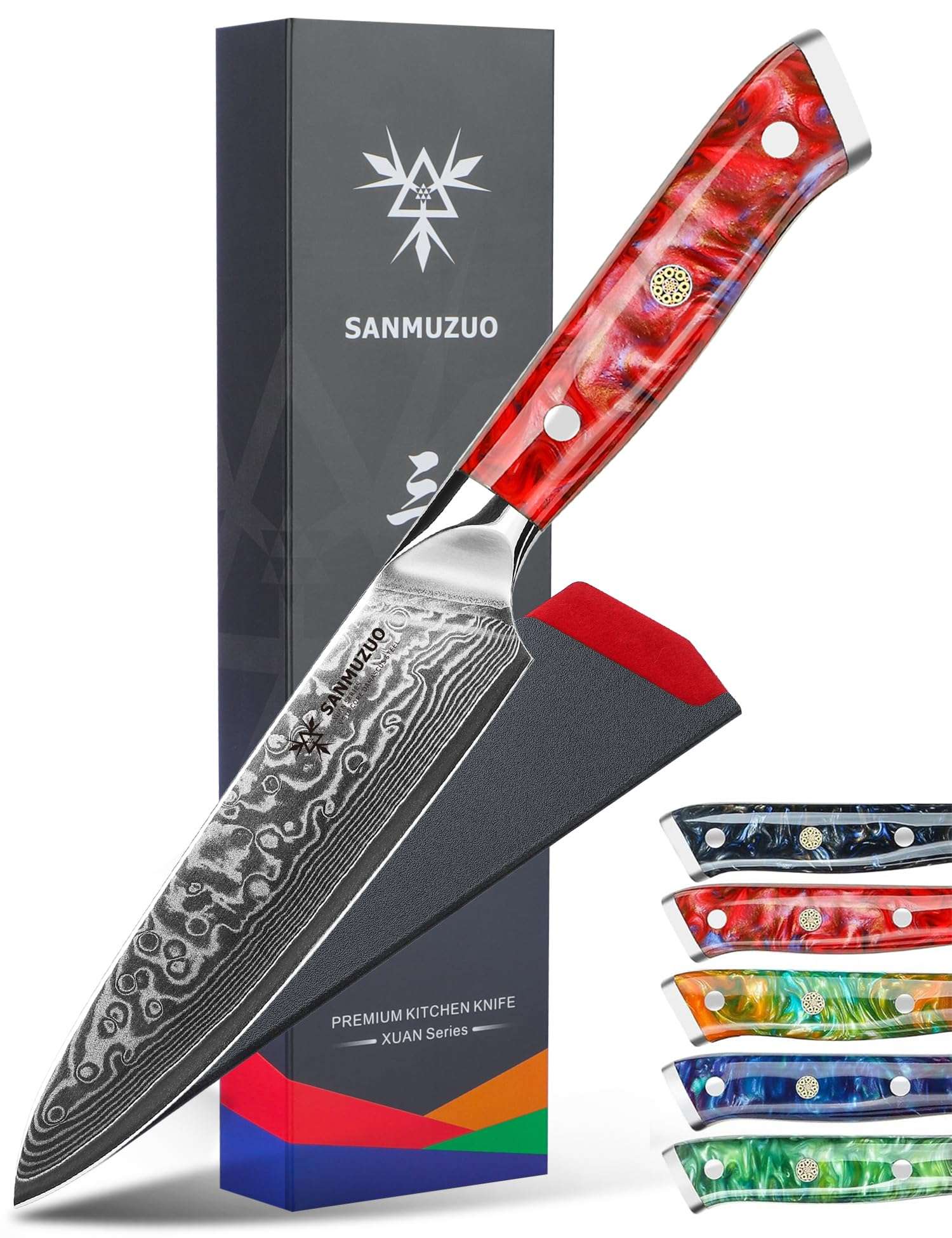 SANMUZUO 5 Inch Kitchen Utility Knife - Xuan Series Kitchen Knives - VG10 Damascus Steel with Resin Handle (Sunset Red) 1