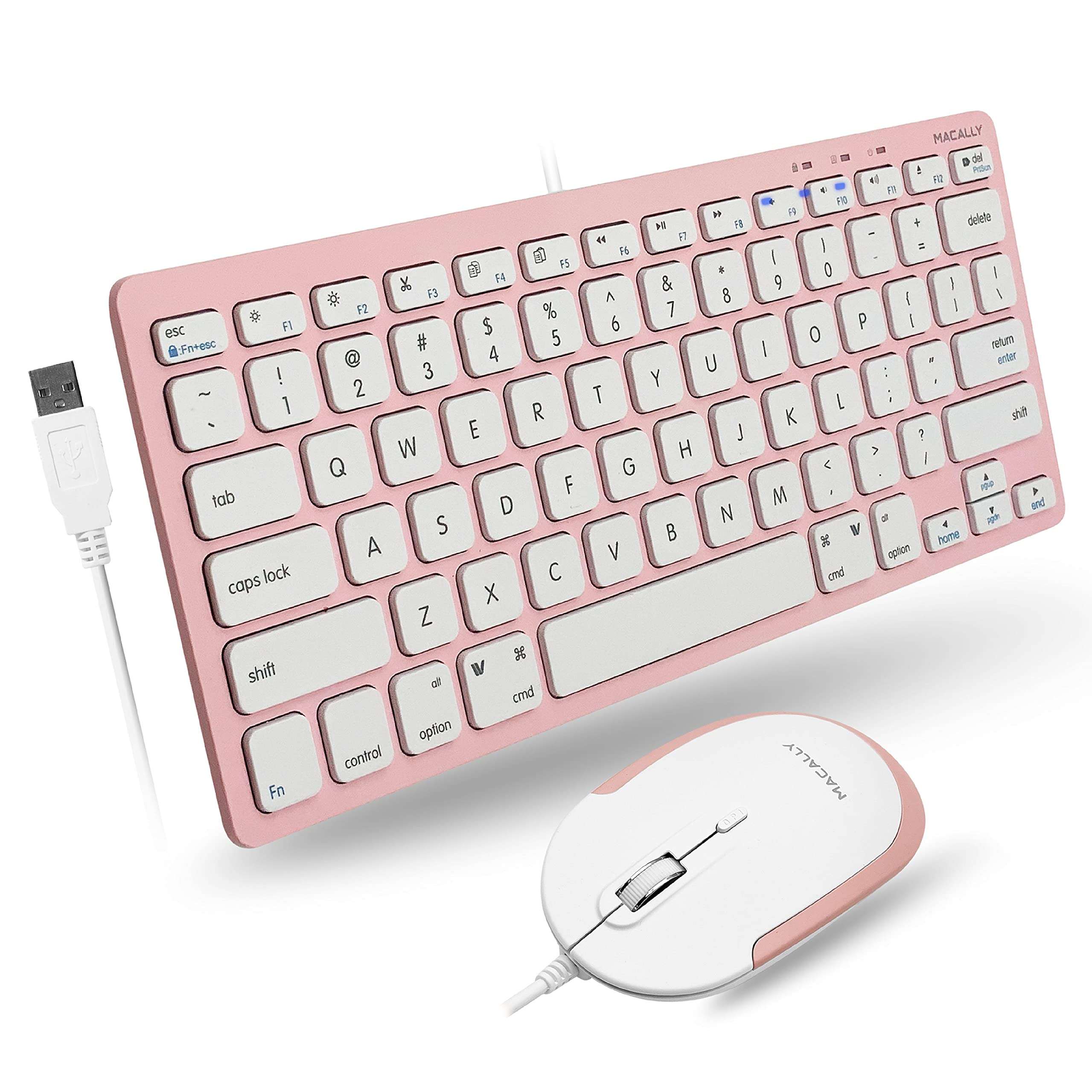 Pink Keyboard and Mouse Combo, Macally Small USB Wired Keyboard and Mouse for Mac and PC Desktop - Improve Aesthetics and Save Space - Mac Keyboard and Mouse Combo with 78 Keys and Silent Buttons 1