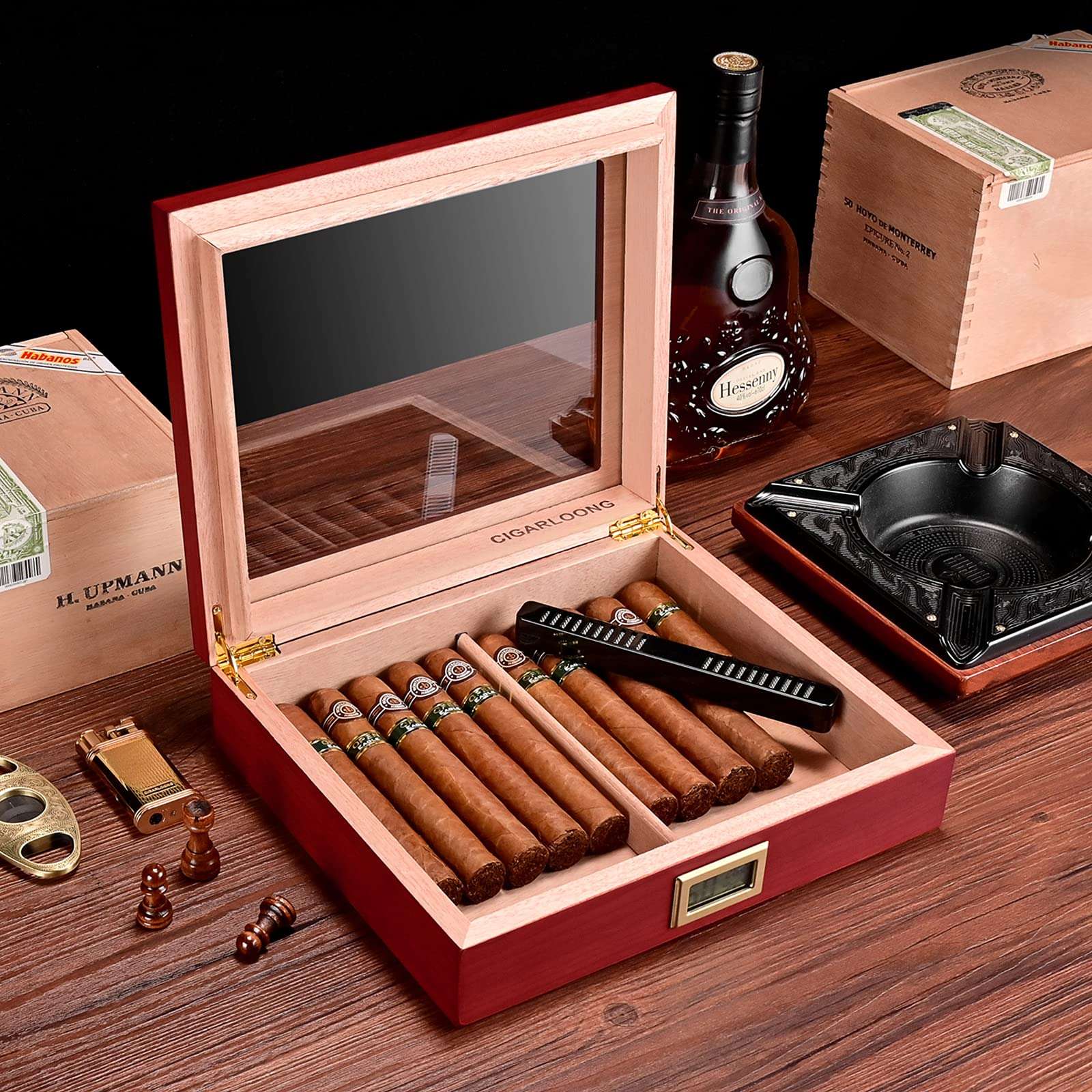 CIGARLOONG Cigar Humidor Cedar Wood Classic Cigar Box with Digital Hygrometer and Humidifier Holds 20-35 Cigars(Color:Cherry) 3