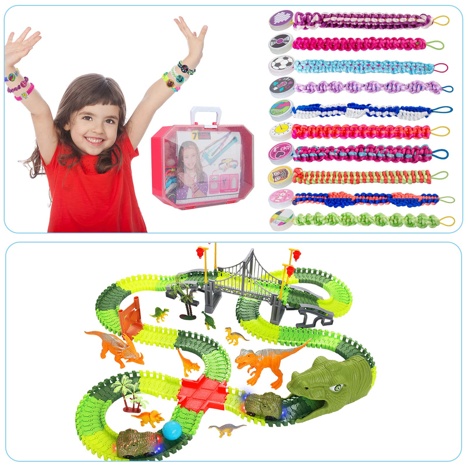 BEMITON Friendship Bracelets Making Kit & Dinosaur Toys Race Car Track, Flexible Dinosaur Train Toys, STEM Education Christmas Birthday Gifts for Boy & Girls Age 3-7, 8-12