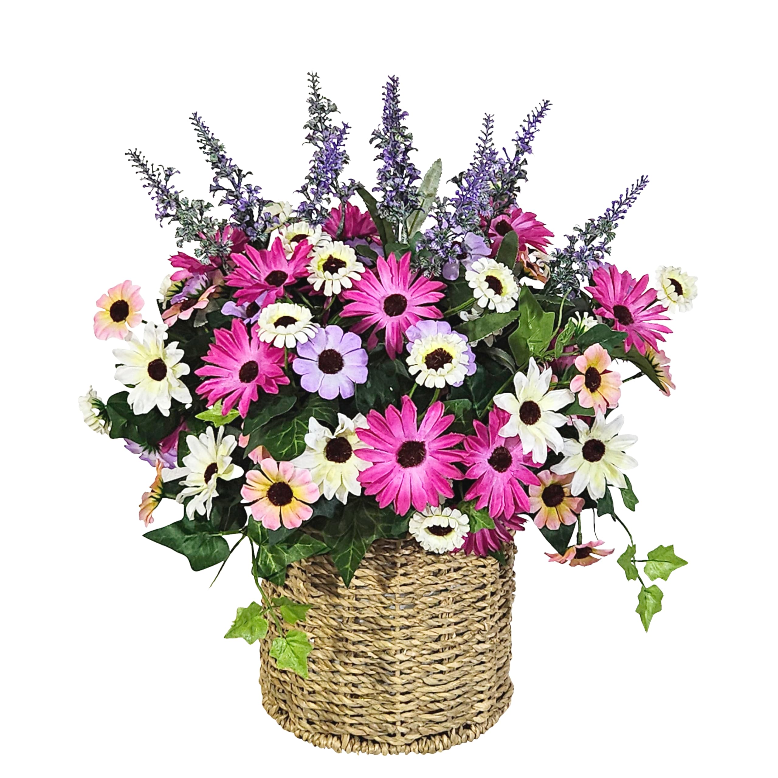 MAGIC STYLE HOME Artificial Mixed Flower Arrangement with Gerbera Daisies and Lavender in Woven Basket, Spring Summer Table Centerpiece, Pink Purple Yellow 1