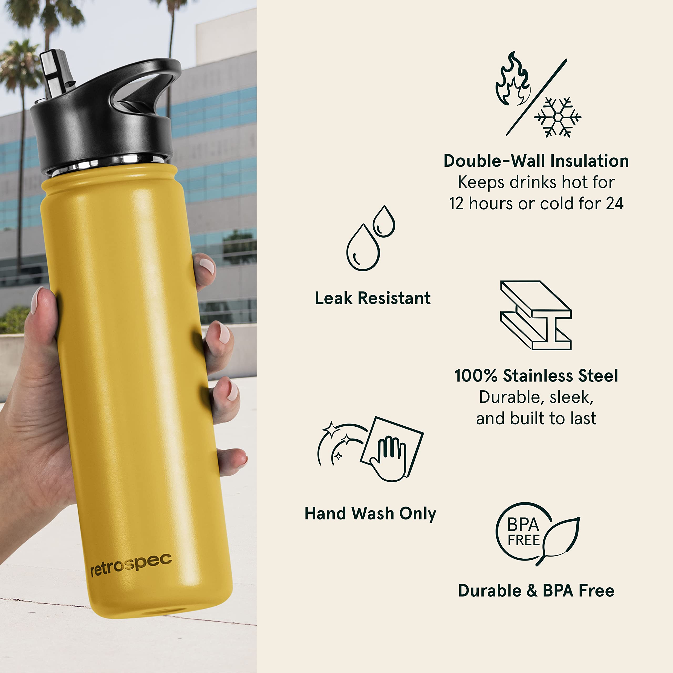 Retrospec Alder Insulated Water Bottle with Straw Lid & Handle Cap - Stainless Steel Wide Mouth Double-Wall Vacuum Insulated Thermos - BPA Free Leakproof Canteen - Honey, 32oz 3