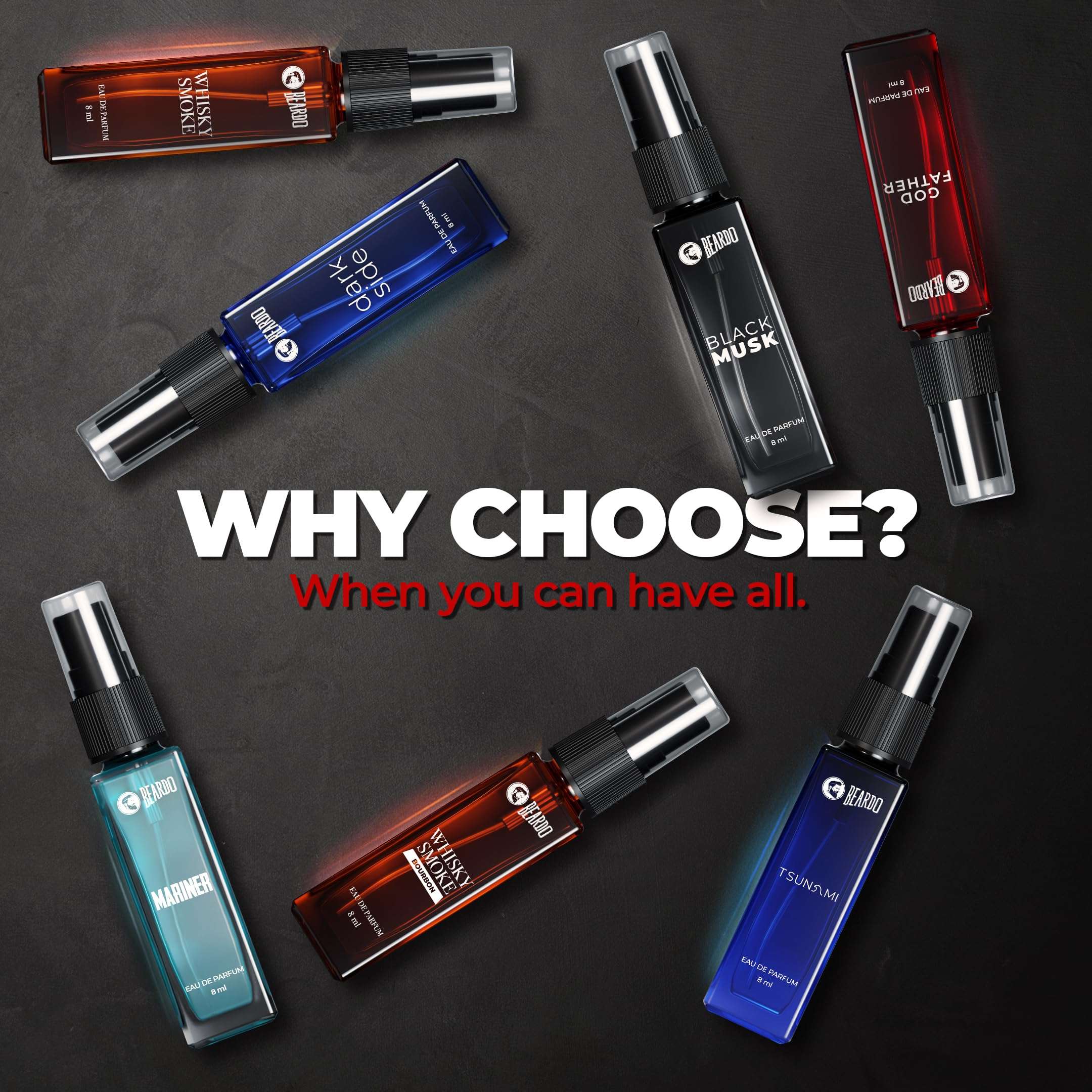 Beardo Legendary 7 Assorted Perfume Gift Set for Men 7X8ml with Long Lasting Fragrances | Travel Pack with Mariner Whisky Smoke Dark Side God Father Tsunami & Black Musk 3