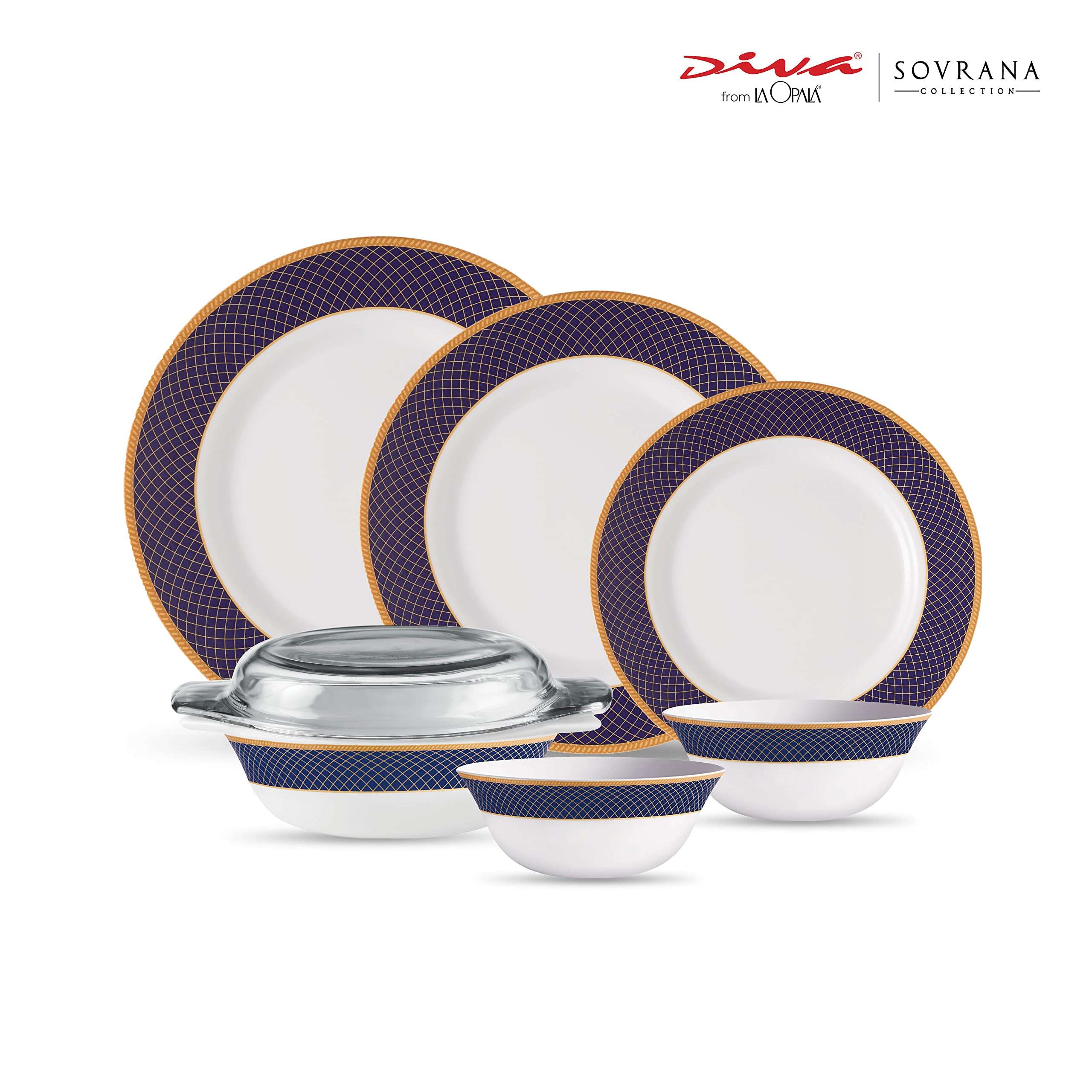 La Opala Diva, Sovrana Collection, Opal Glass Dinner Set 35 pcs, Regent Blue, White 3