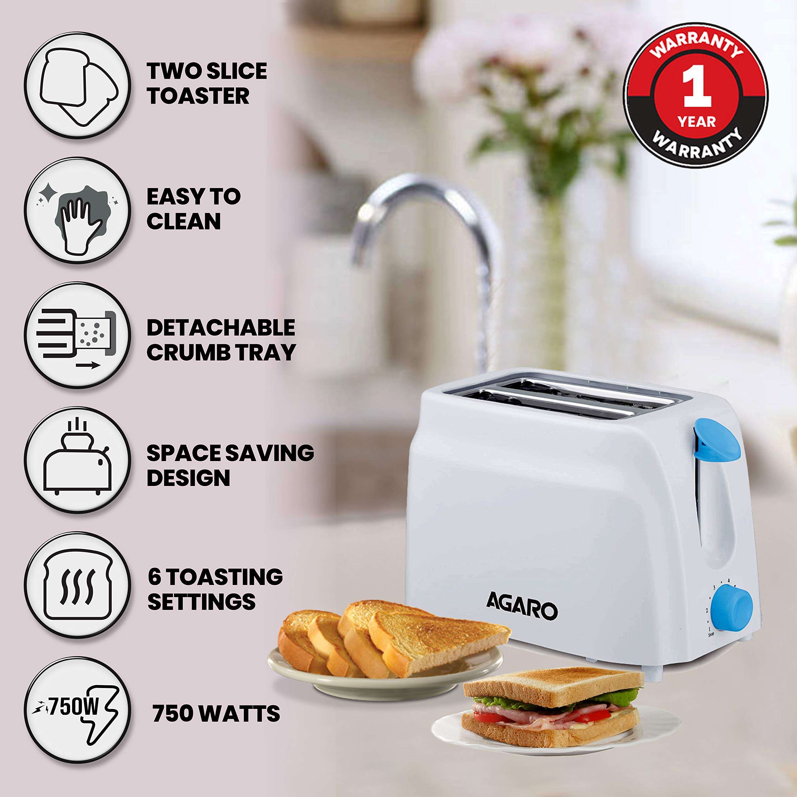 AGARO - 33263 750-Watt 2-Slice Pop-Up Toaster with 6 Toasting Settings & Removable Crumb Tray (White). 2