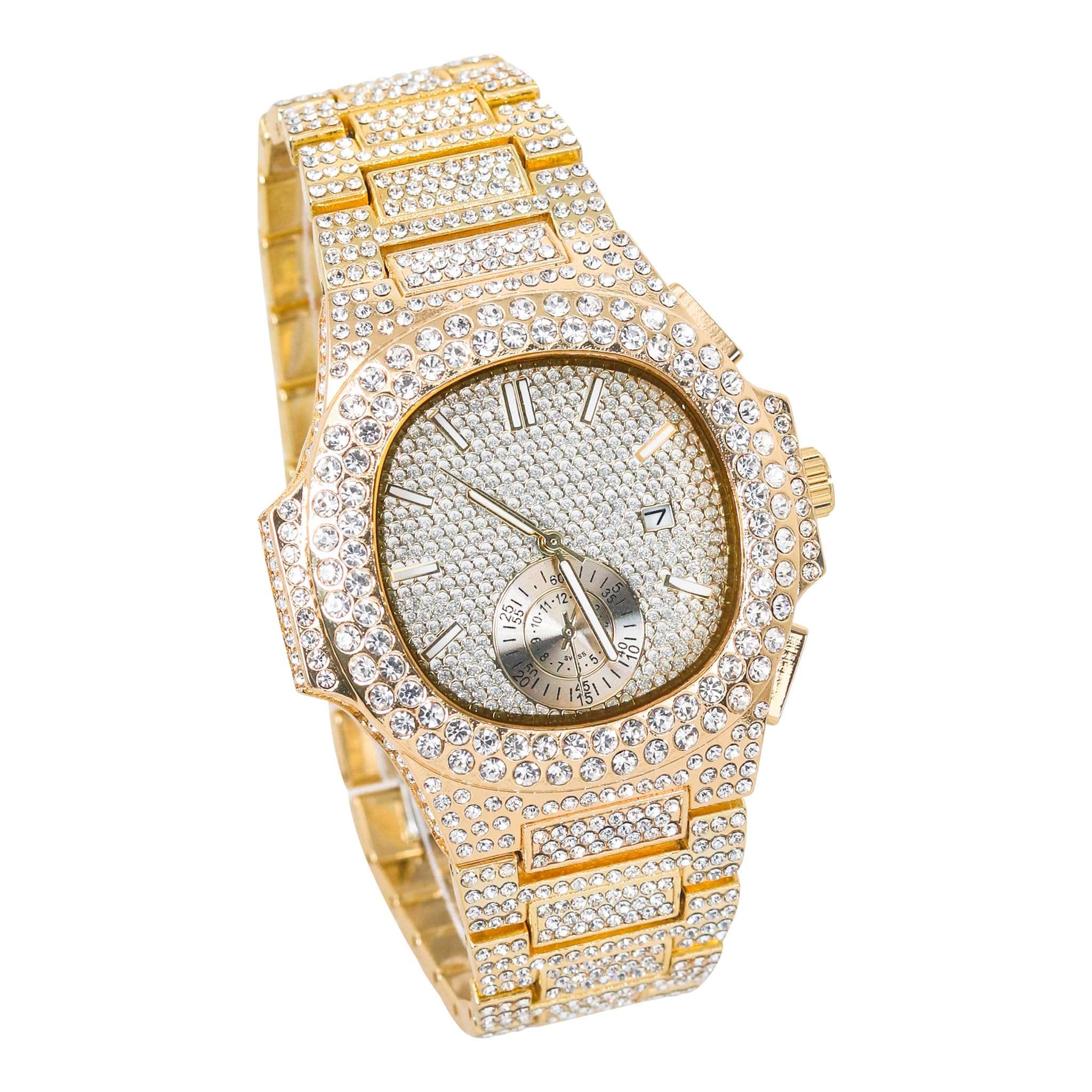 Techno Pave Men's 43mm Fully Iced Out Watch - Luxury Hip-Hop Style, Quartz Movement - Gold Finish 3