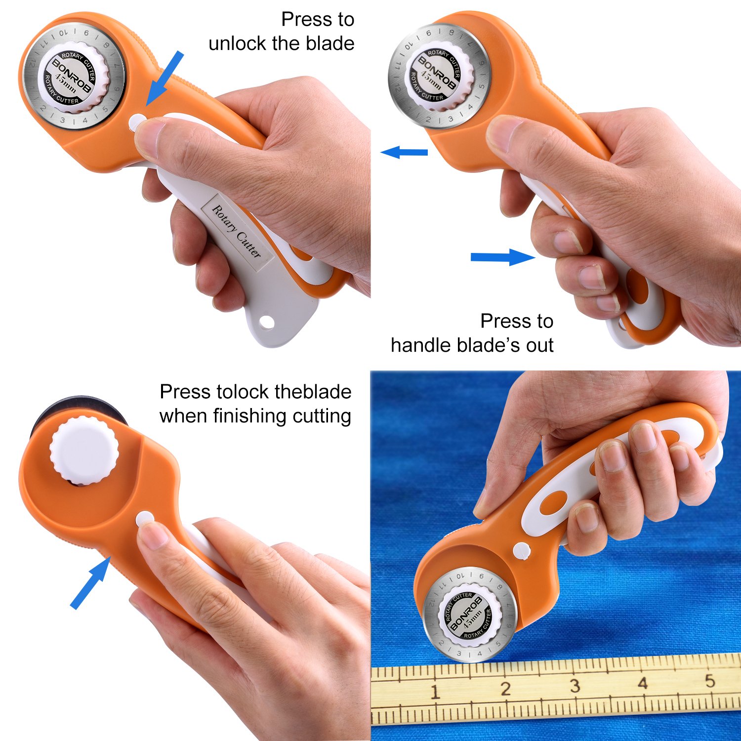 BONROB 45mm Rotary Cutter and Mat Set, Fabric Cutter Quilting Kit with 12x18 Inch (A3) Double Sided Cutting Mat and 1 PCS Replacement Blade for Crafting, Sewing, Patchworking, Knitting BO004 5
