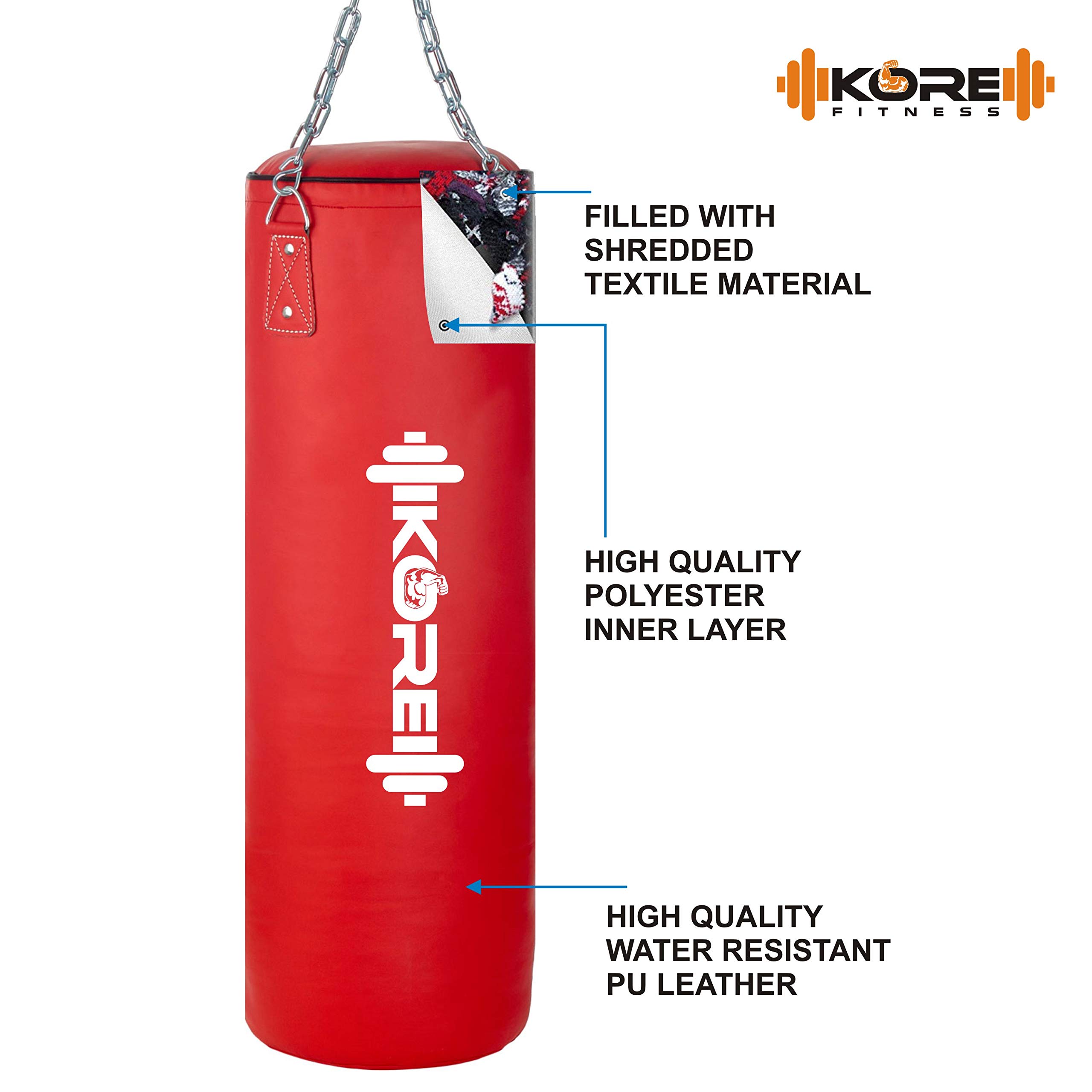 KORE Ultimate 4 Feet Filled Heavy Red Punching Bag PU Leather Boxing MMA Sparring Punching Training Kickboxing Muay Thai with Rust Proof Stainless Steel Hanging Chain 3