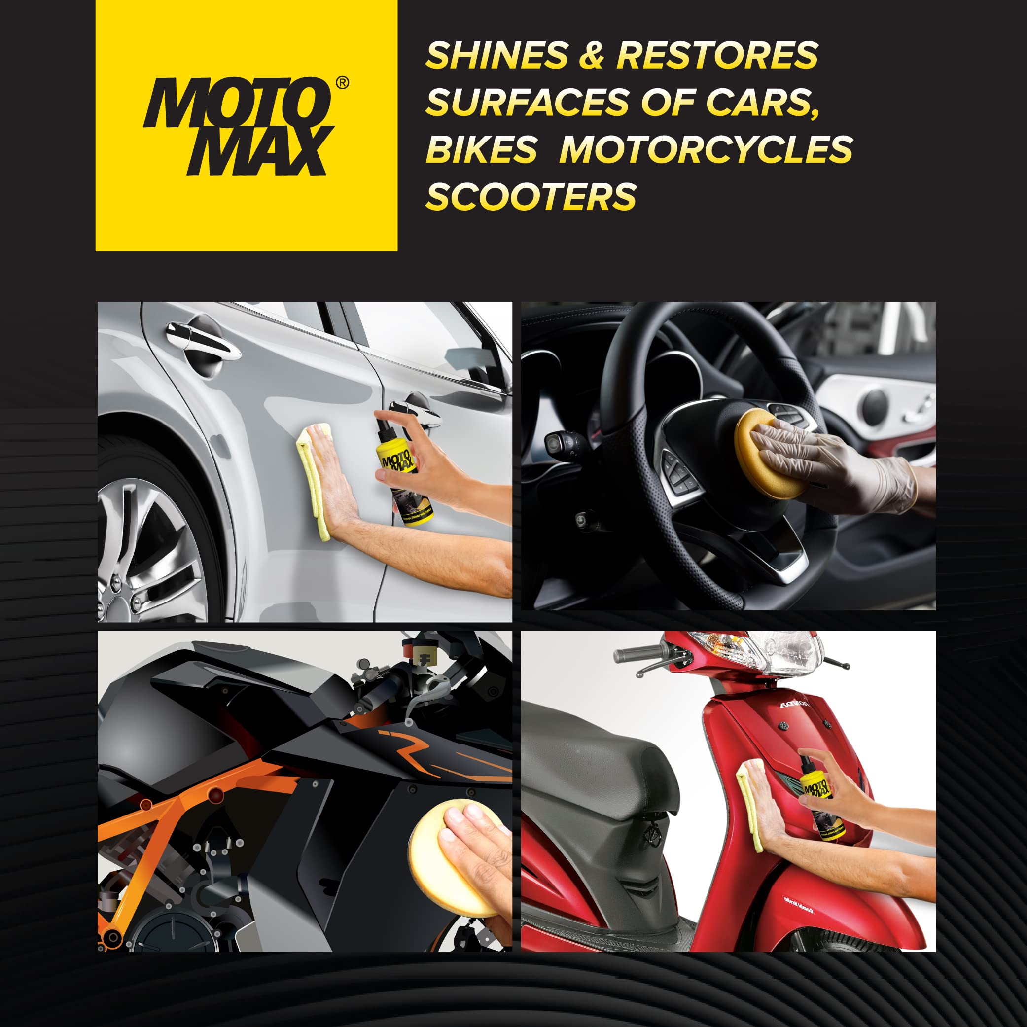 Motomax Protectant Spray (100 ml)| Repels dust, pollutants| Protect, Restore faded vinyl, plastic, leather, dashboard, rubber, tyres of Cars, Bikes, Motorcycles & Scooty| Provides long lasting shine 3