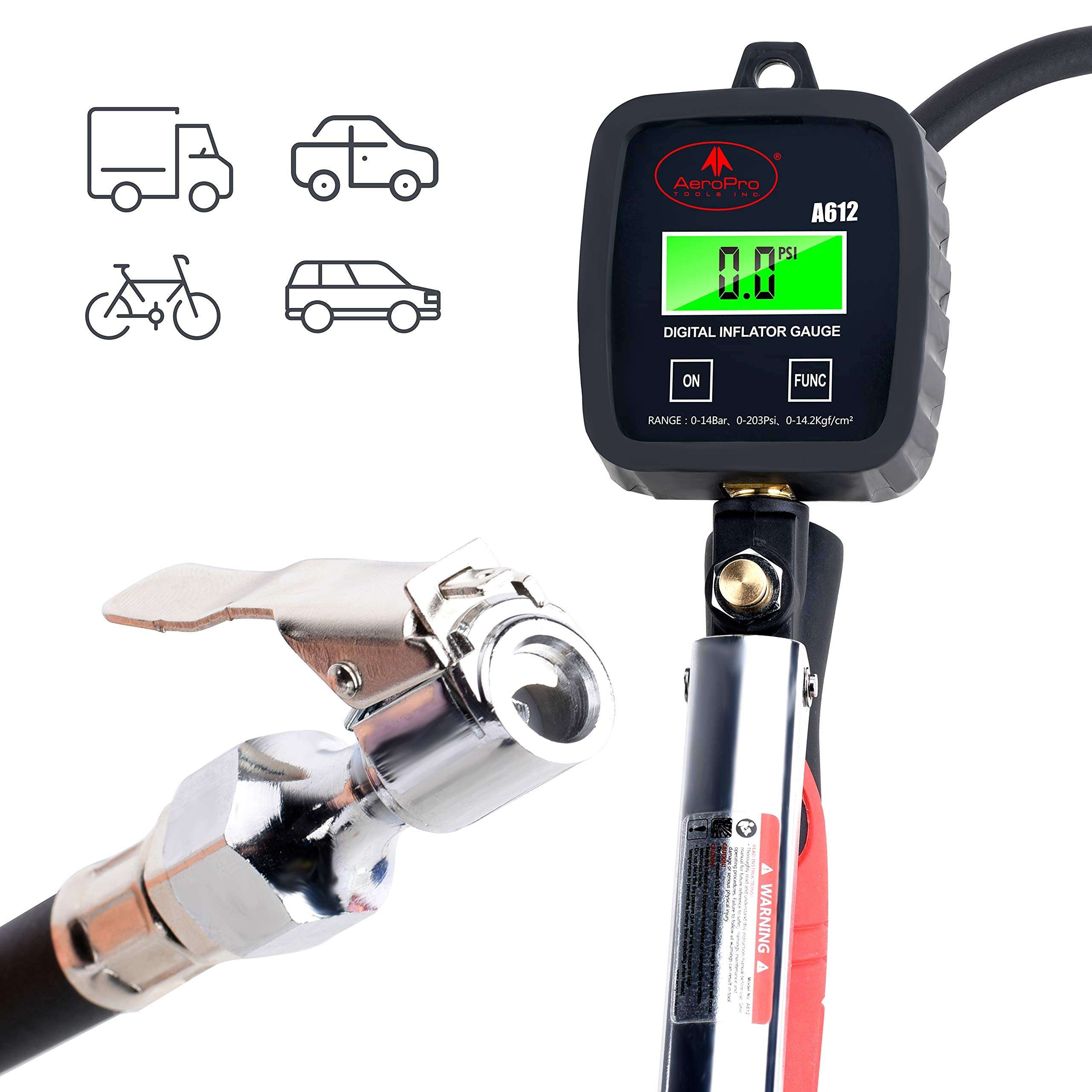 AEROPRO Tools Digital Tire Inflator with Pressure Gauge, 203 PSI Air Chuck and Compressor Accessories Heavy Duty with Rubber Hose and Quick Connect Coupler with Display Resolution 2