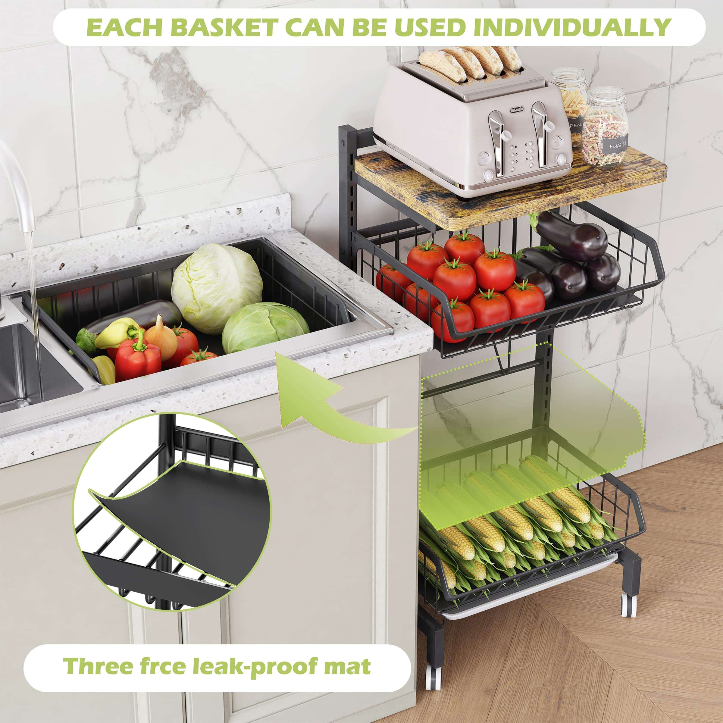 COVAODQ Fruit Basket 4-Tier Adjustable Fruit Vegetable Basket Cart Metal Wire Storage Cart Rolling Pantry Utility Kitchen Cart 3