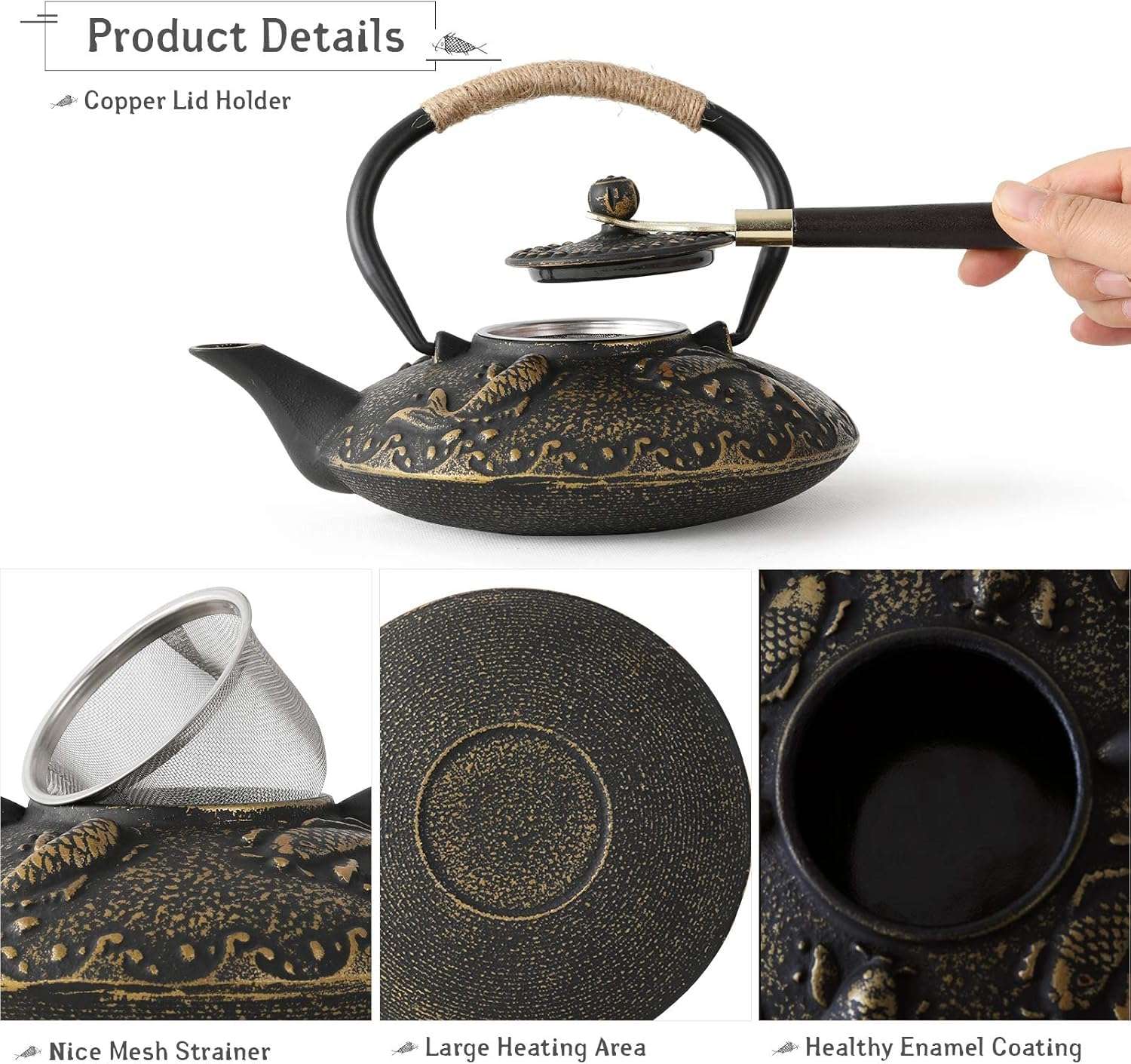 Mokshith Cast Iron Teapot Set, 26 oz/750 ml Japanese Style Teapot with Infuser and Warmer, Tea Pot | Tea Kettle Coated with Enameled Interior, Large Cast Iron Kettle, Iron cast Teapot Warmer (MO -03) 6