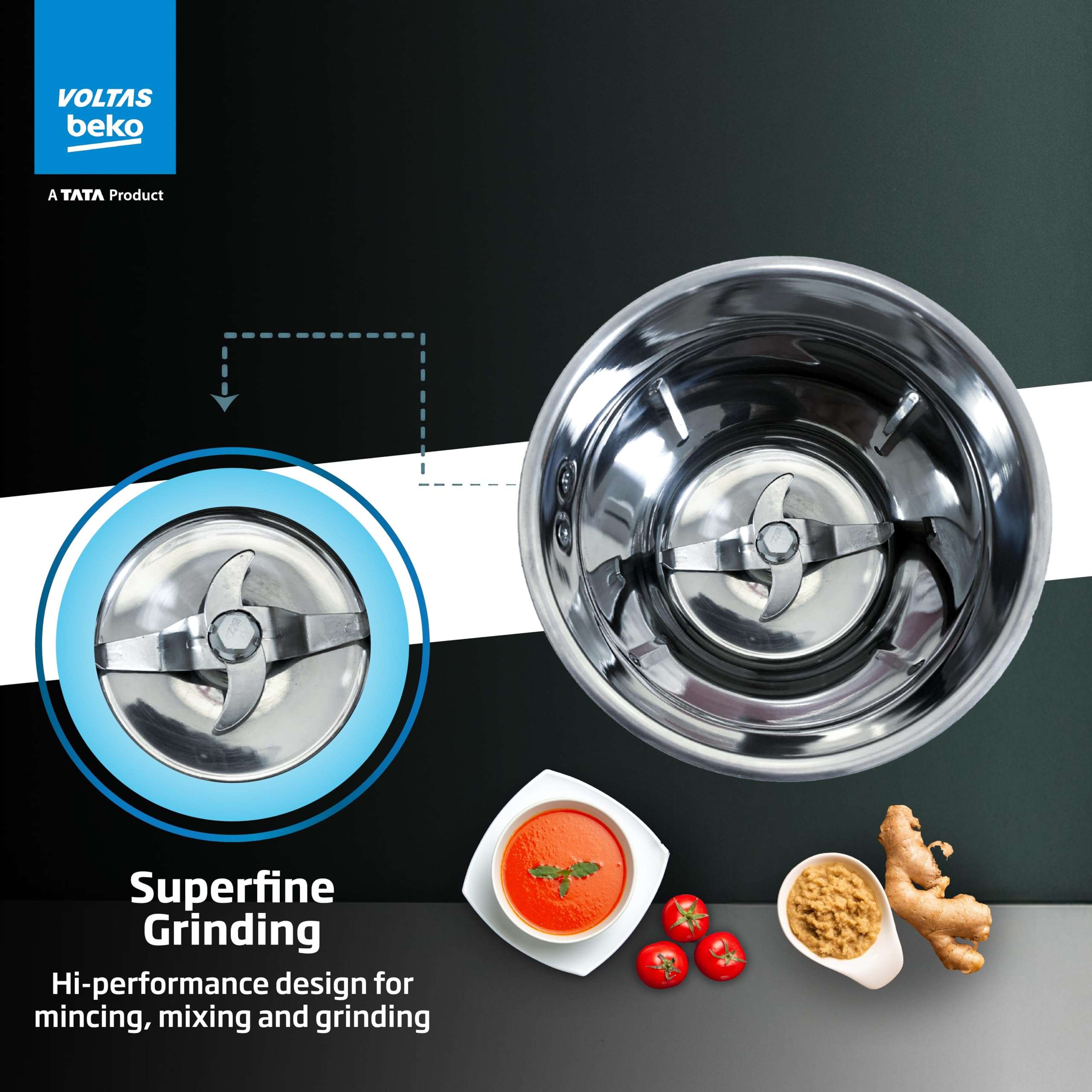 Voltas Beko, A Tata Product Superefficient 750 W Mixer Grinder with GrindX Technology (G7503HP-BL | 3 Jars | Black) 3