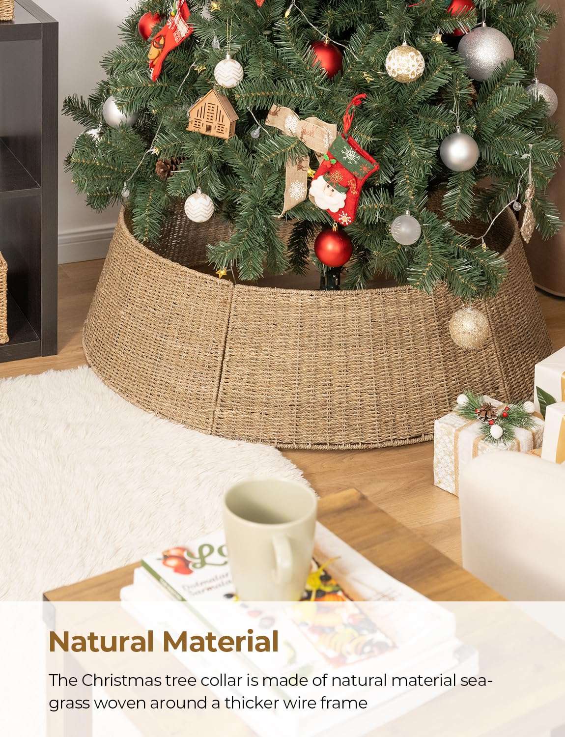 StorageWorks 42 Inch Wicker Christmas Tree Collar, Christmas Tree Collar for Pencil Tree, Seagrass Christmas Tree Base Collar with Cut-Out of Cord for Christmas Party Décor 6